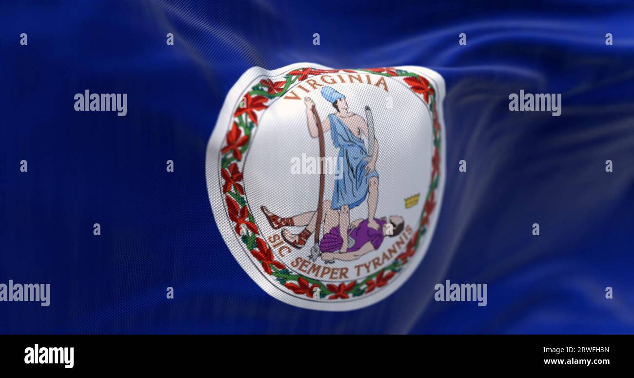 Nahaufnahme der Flagge des Staates Virginia, die im Wind winkt. Staatssiegel in der Mitte eines dunkelblauen Hintergrunds. 3D-Illustrations-Rendering. Geriffeltes Material. Wählen Sie Stockfoto Nahaufnahme der Flagge des Staates Virginia, die im Wind winkt. Staatssiegel in der Mitte eines dunkelblauen Hintergrunds. 3D-Illustrations-Rendering. Geriffeltes Material. Wählen Sie Stockfoto