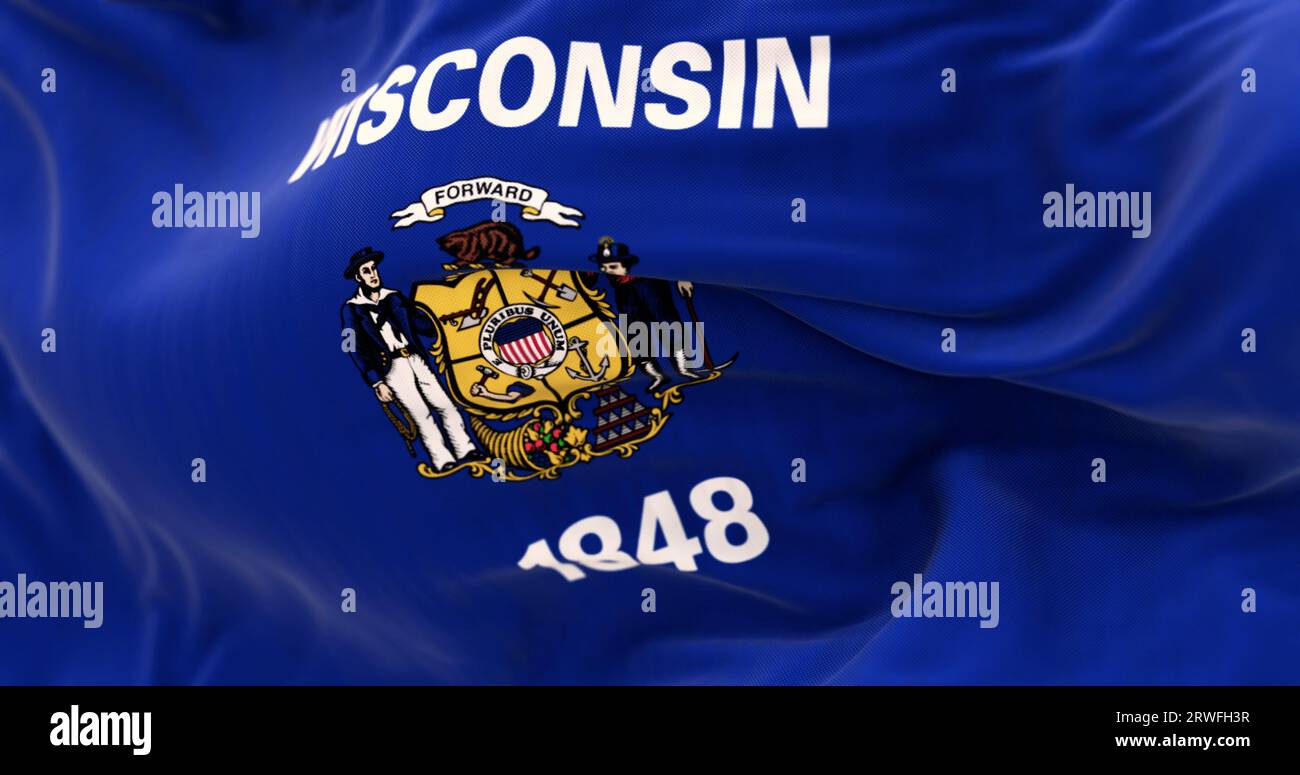 Nahaufnahme der Flagge des Bundesstaates Wisconsin, die im Wind winkt. Blaue Flagge mit zentralem Wappen. 3D-Illustrations-Rendering. Geriffeltes Material. Strukturiertes Backgroun Stockfoto