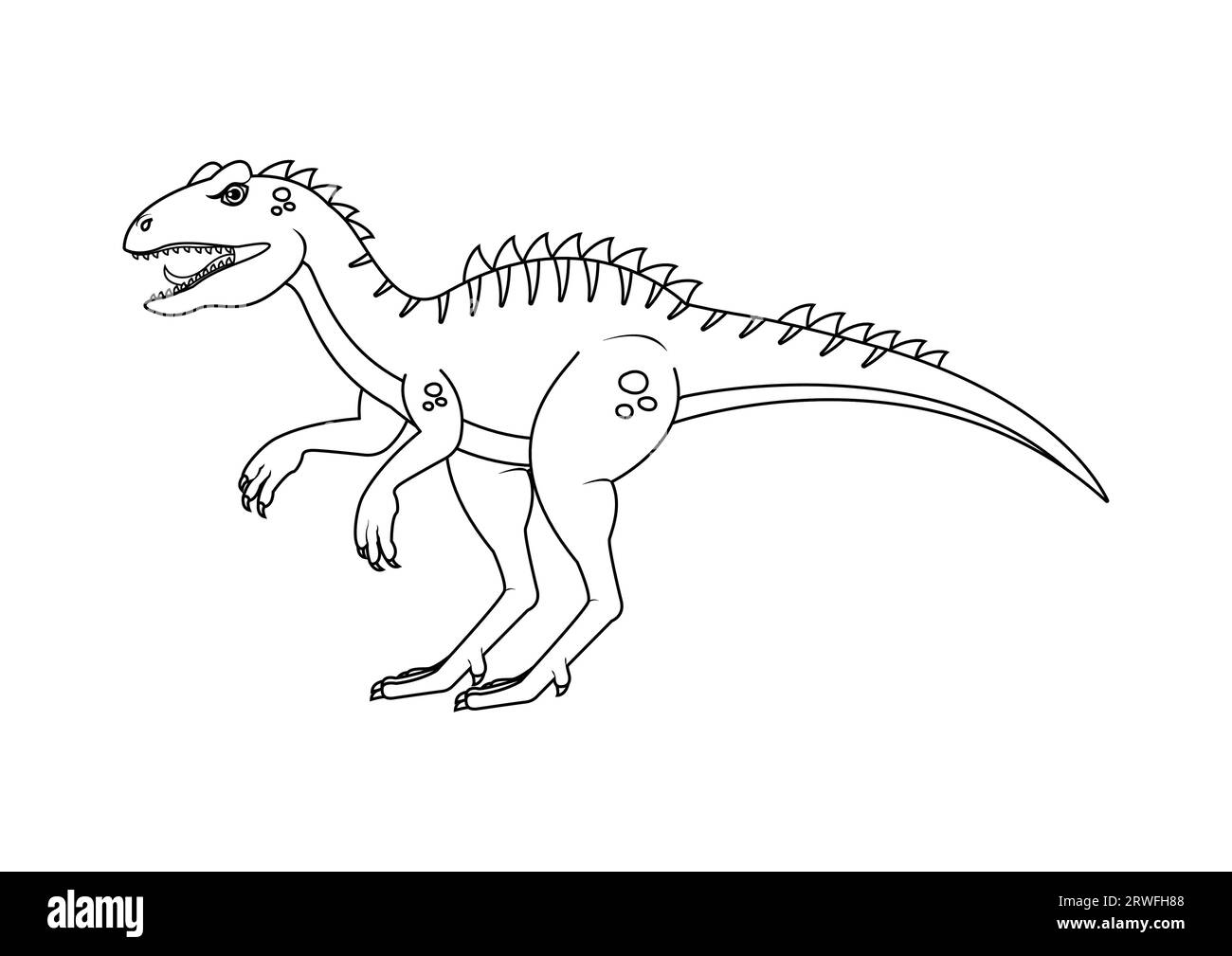 Schwarz-weiß Allosaurus Dinosaurier Zeichentrickfigur Vektor. Malseite eines Allosaurus-Dinosauriers Stock Vektor