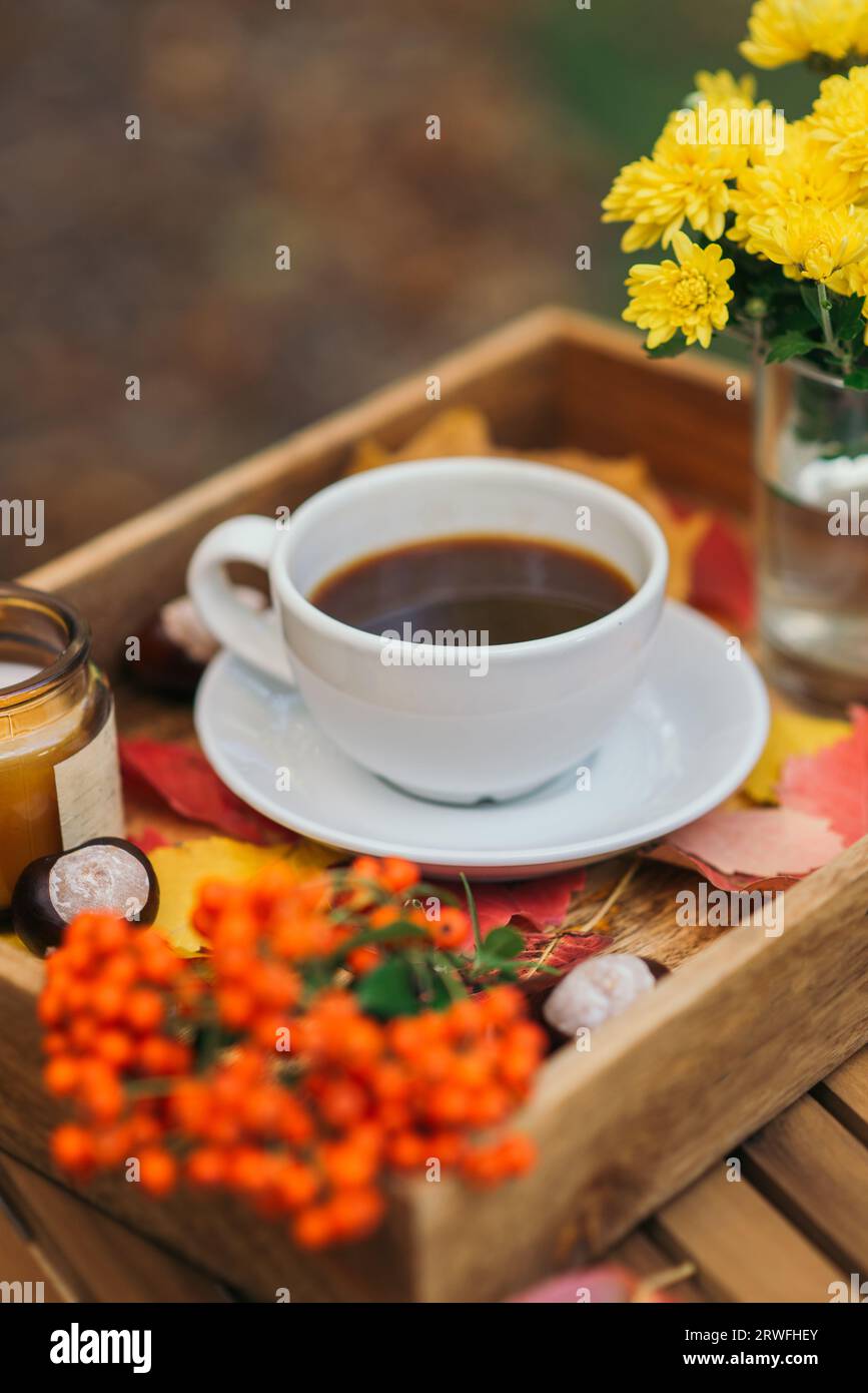 Stillleben mit Heißgetränk in Herbstdekoration. Gemütliche Atmosphäre Stockfoto