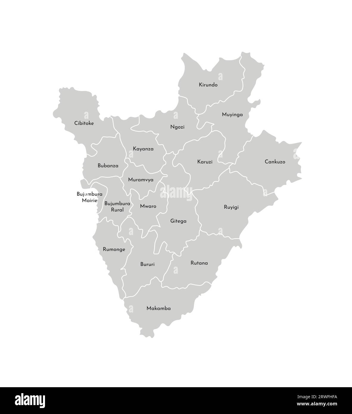 Vektor-isolierte Illustration der vereinfachten Verwaltungskarte Burundis; Grenzen und Namen der Provinzen (Regionen). Graue Silhouetten. Weißer Outlin Stock Vektor