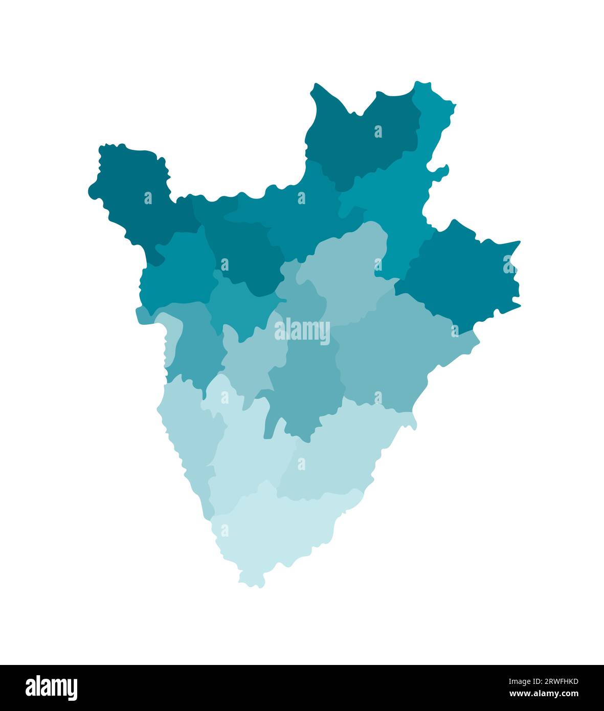 Vektorisolierte Darstellung der vereinfachten Verwaltungskarte Burundis. Grenzen der Provinzen (Regionen). Farbenfrohe, khakifarbene Silhouetten. Stock Vektor