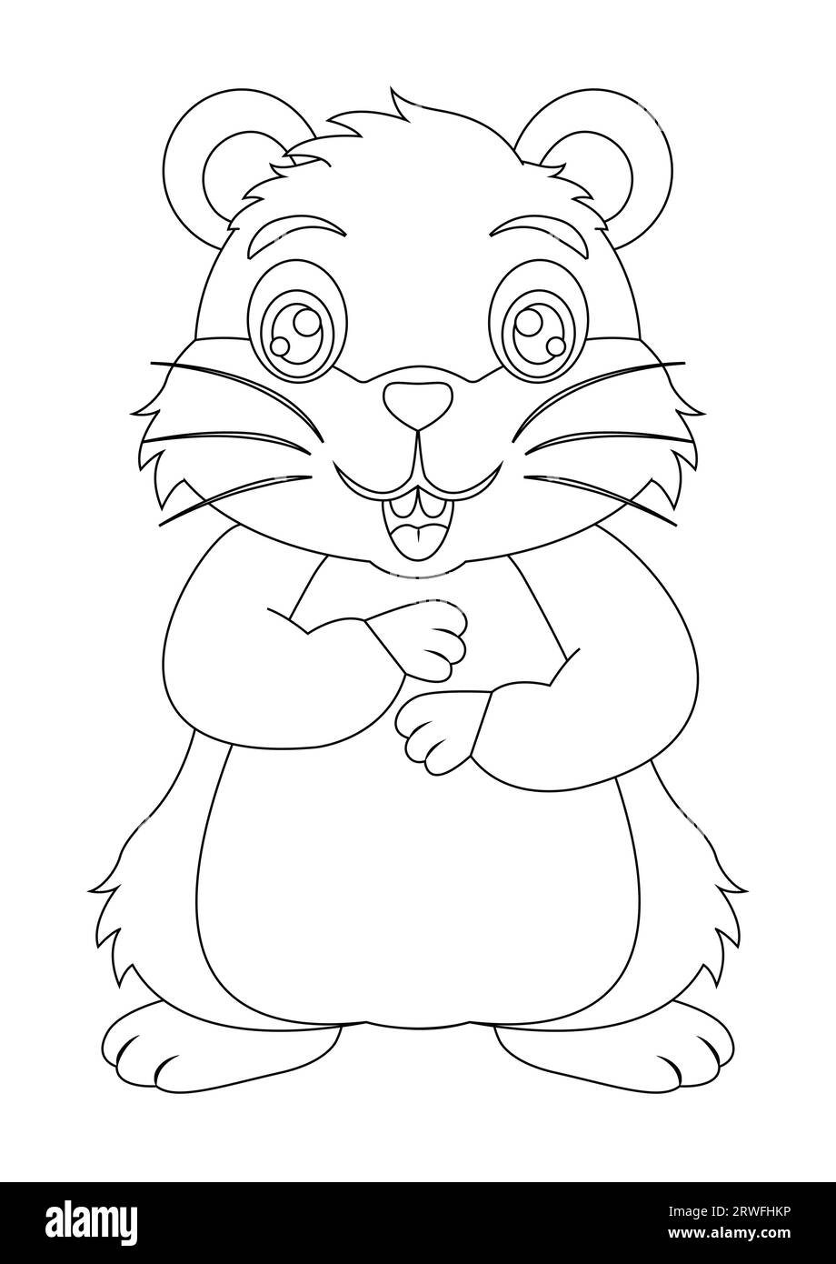 Schwarz-weiße süße Hamster-Zeichentrickfigur Vektor-Illustration. Malseite der Karikatur süßer lächelnder Hamster Stock Vektor