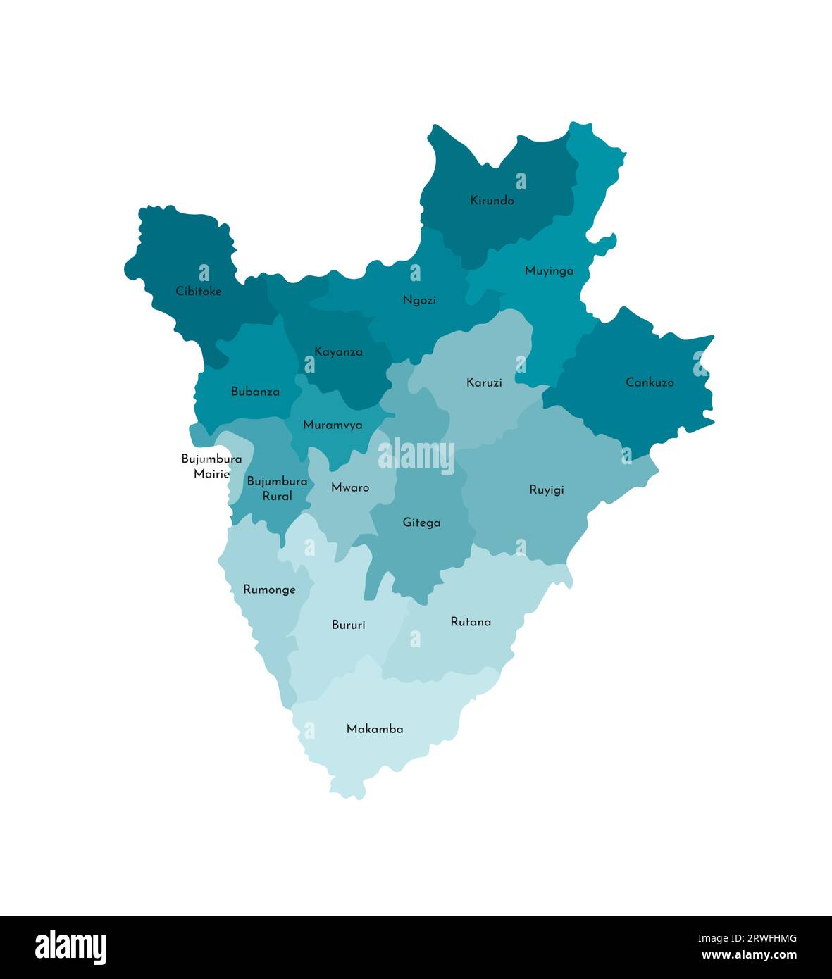 Vektorisolierte Darstellung der vereinfachten Verwaltungskarte Burundis. Grenzen und Namen der Provinzen (Regionen). Farbenfrohe blaue Khaki-Silhouette Stock Vektor