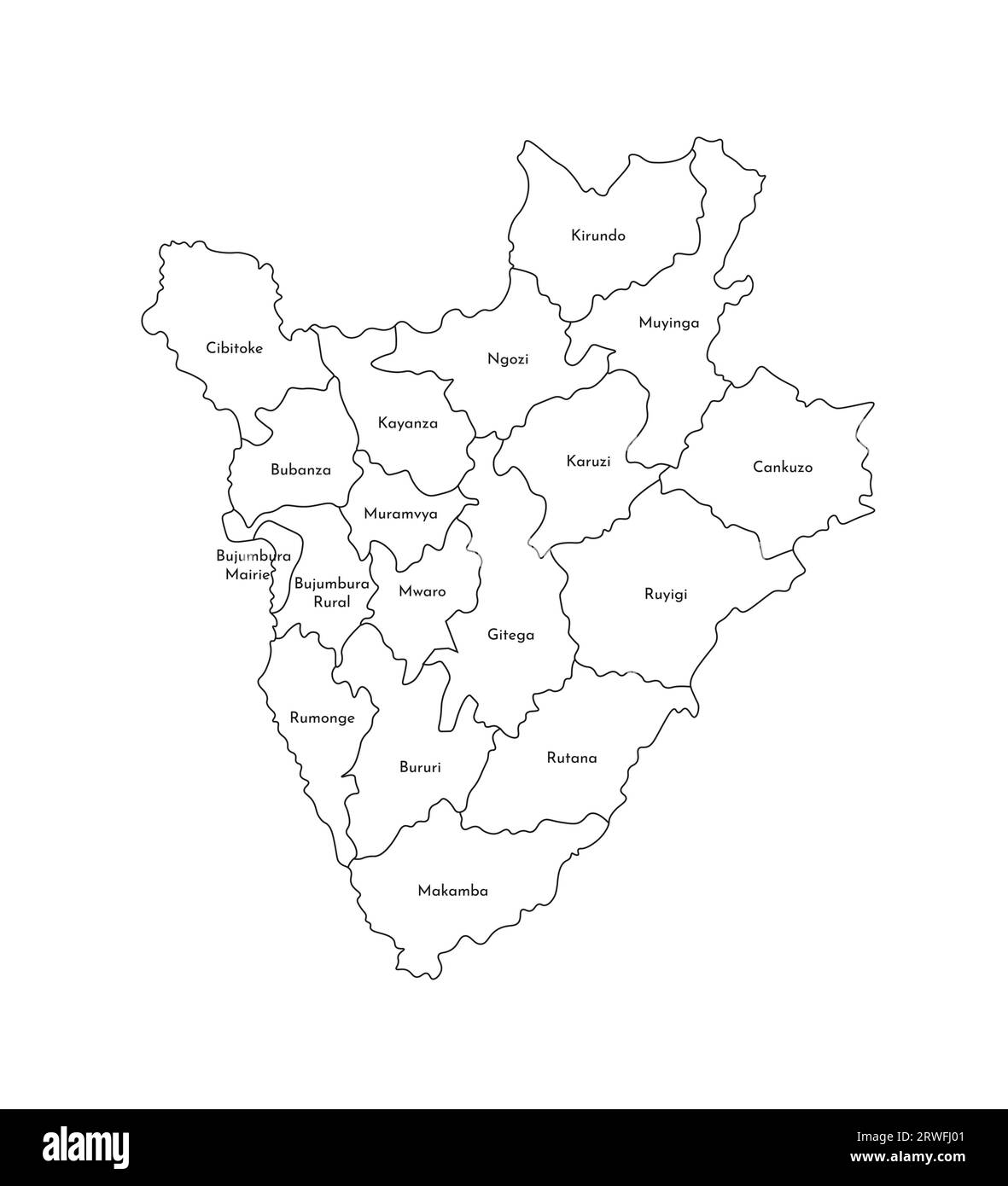 Vektorisolierte Darstellung der vereinfachten Verwaltungskarte Burundis. Grenzen und Namen der Provinzen (Regionen). Silhouetten mit schwarzen Linien. Stock Vektor