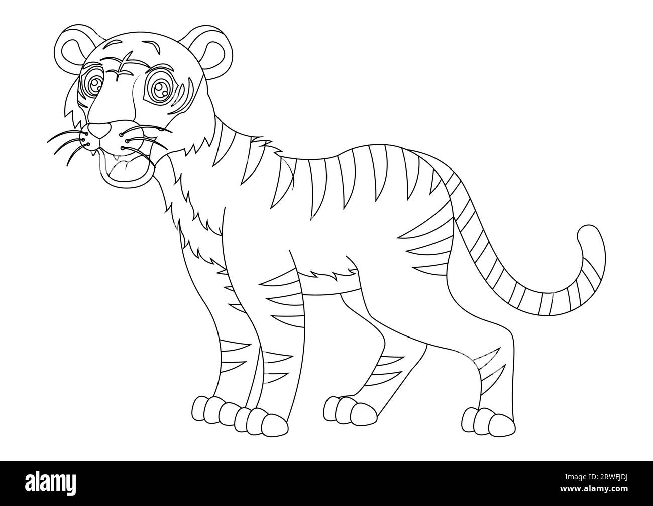 Schwarz-weiße Tiger-Zeichentrickfigur Vektor-Illustration. Malseite des ZeichentrickTigers Stock Vektor