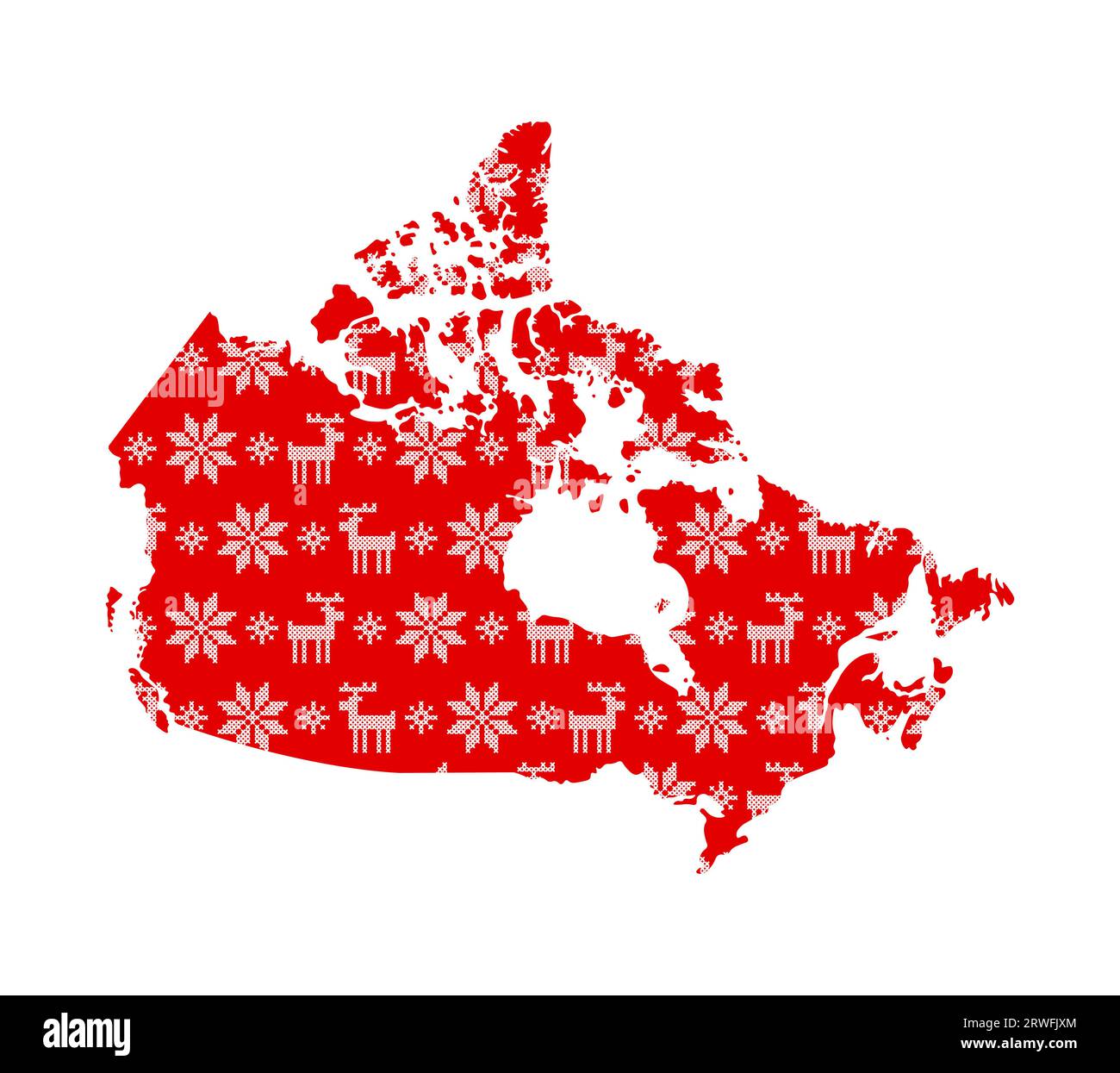 Vector isolierte Illustration für Neujahr und Weihnachten. Vereinfachte Kanada-Karte. Rote Muster verziert mit weißen Schneeflocken mit Kreuzstich und rein Stock Vektor