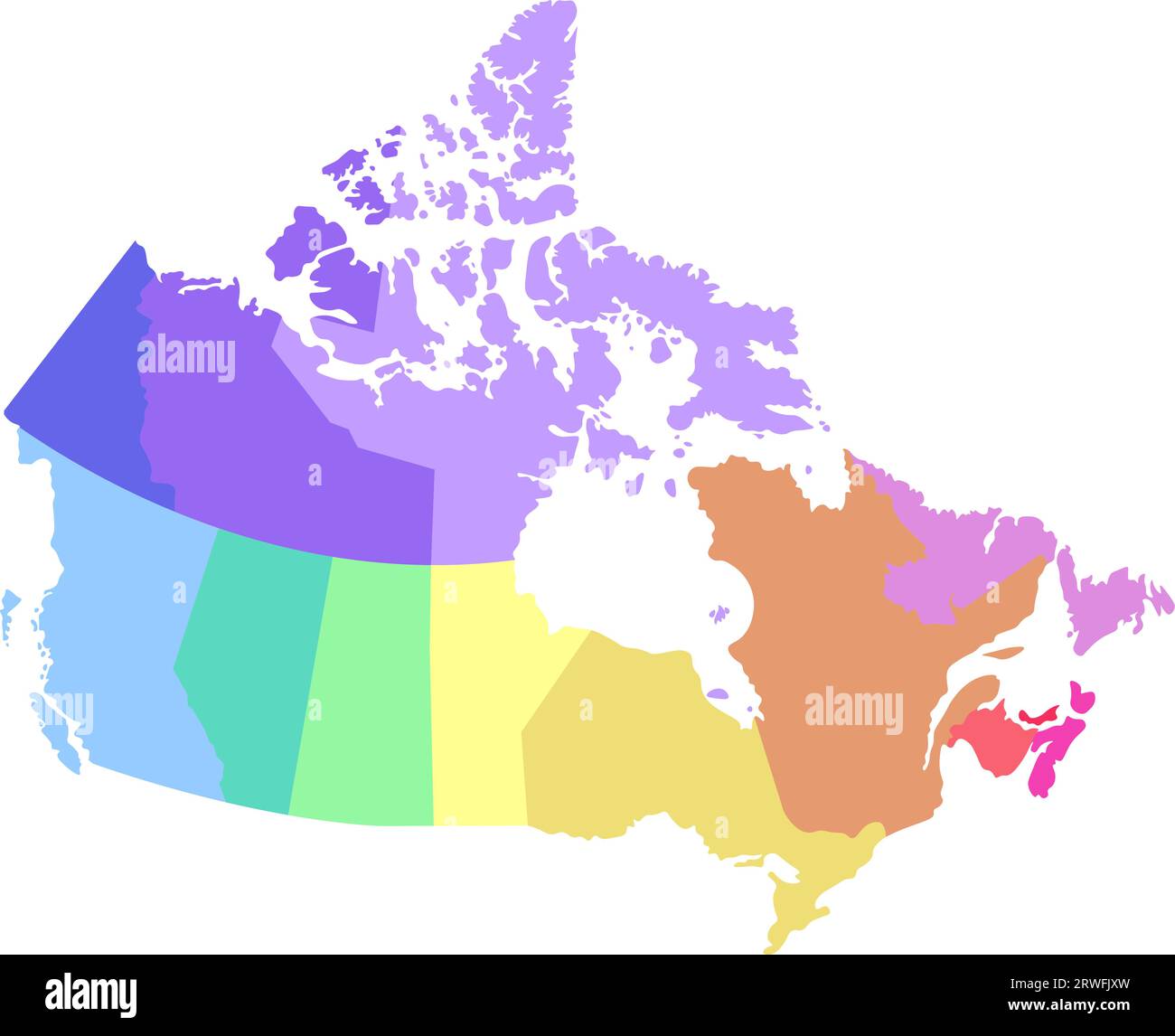 Vektor-isolierte Illustration einer vereinfachten Verwaltungskarte Kanadas. Grenzen der Regionen. Mehrfarbige Silhouetten. Stock Vektor