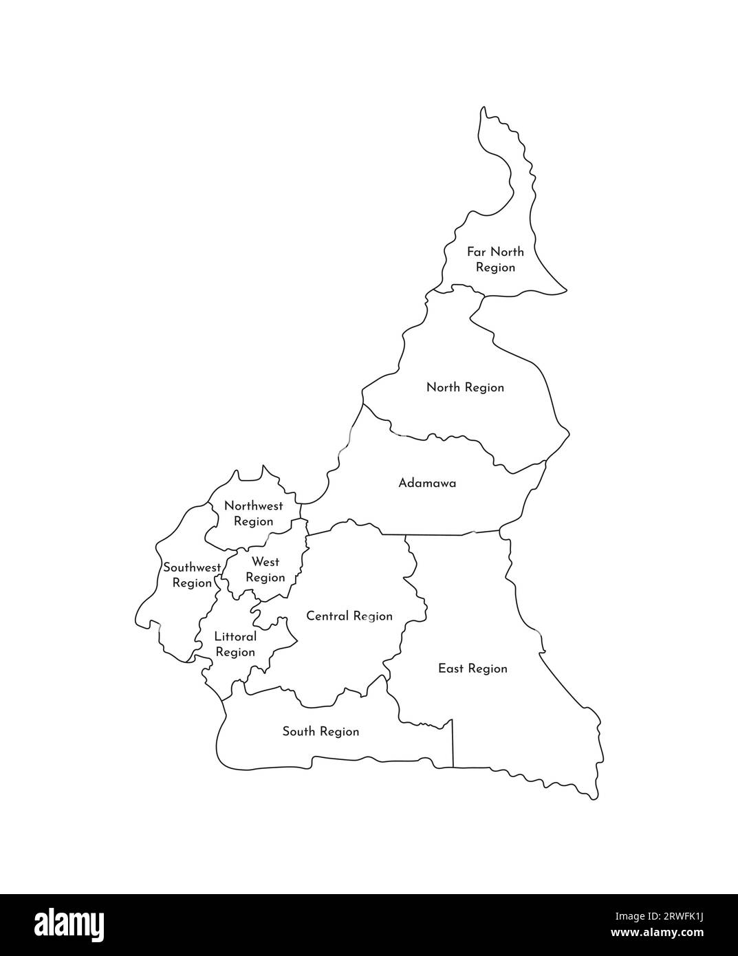Vektor-isolierte Illustration der vereinfachten Verwaltungskarte Kameruns; Grenzen und Namen der Regionen. Silhouetten mit schwarzen Linien. Stock Vektor