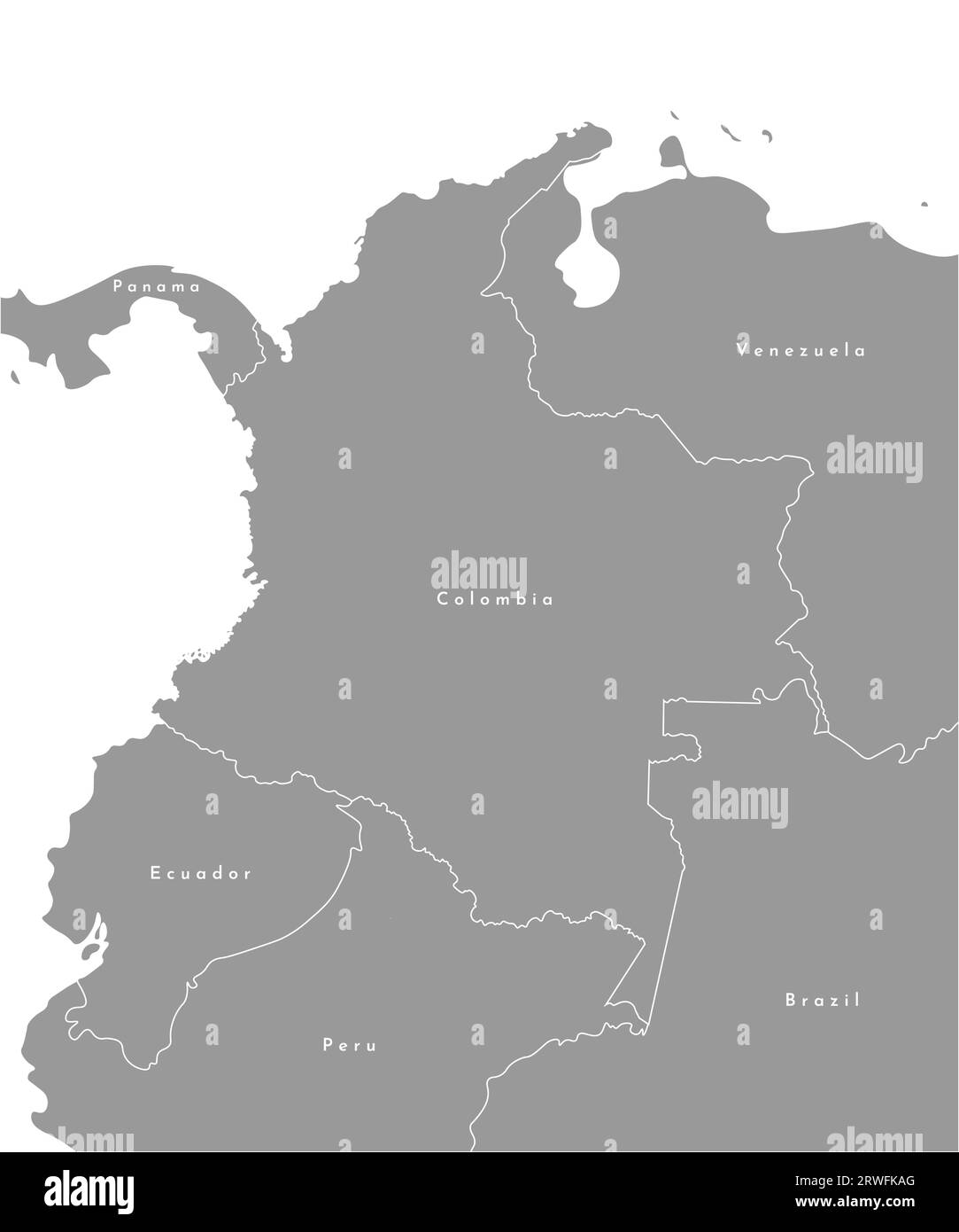 Vektorbild. Vereinfachte politische Karte Kolumbiens in der Mitte der Illustration und Grenze zu Nachbarländern (Peru, Brasilien, Panama, Ecuador, Ven Stock Vektor