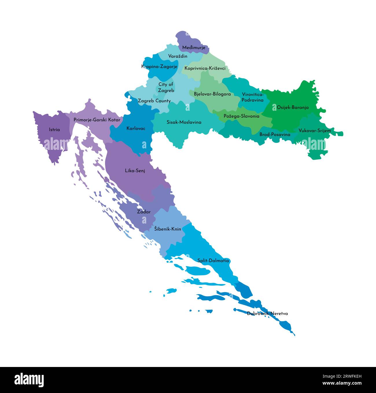 Vektor-isolierte Illustration einer vereinfachten Verwaltungskarte Kroatiens. Grenzen und Namen der Regionen. Mehrfarbige Silhouetten. Stock Vektor