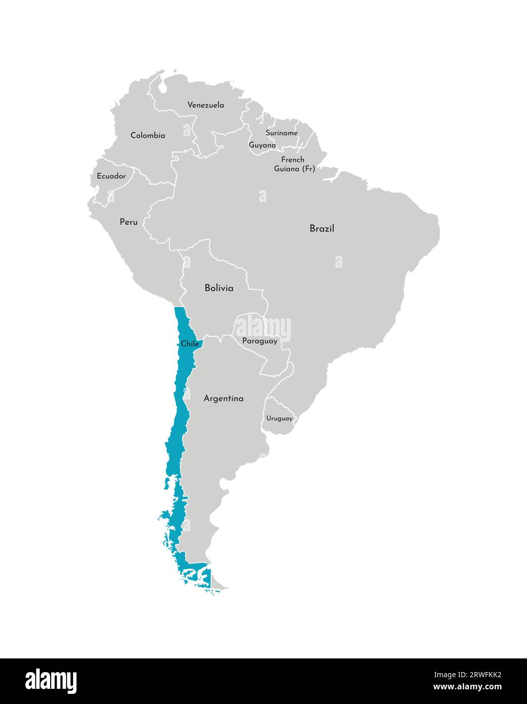 Vektor-Illustration mit vereinfachter Karte des südamerikanischen Kontinents mit blauer Kontur von Chile. Graue Silhouetten, weiße Umrandung der bundesstaaten. Stock Vektor