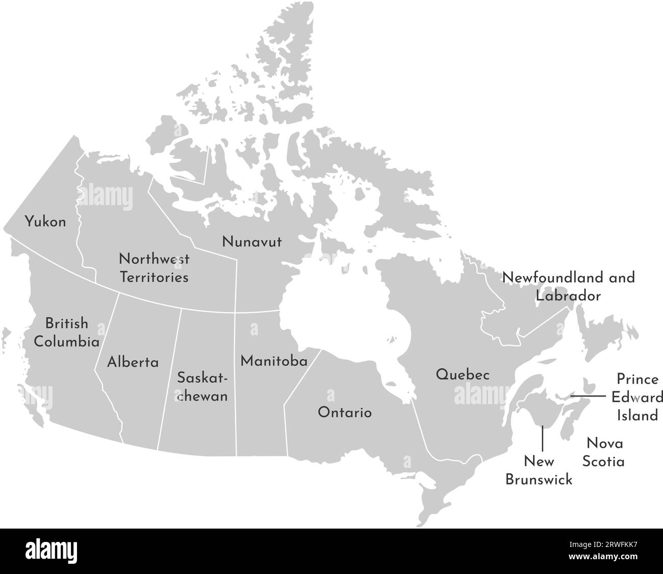 Vektor-isolierte Illustration einer vereinfachten Verwaltungskarte Kanadas. Grenzen und Namen der Provinzen (Regionen). Graue Silhouetten. Weiße Umrandung Stock Vektor