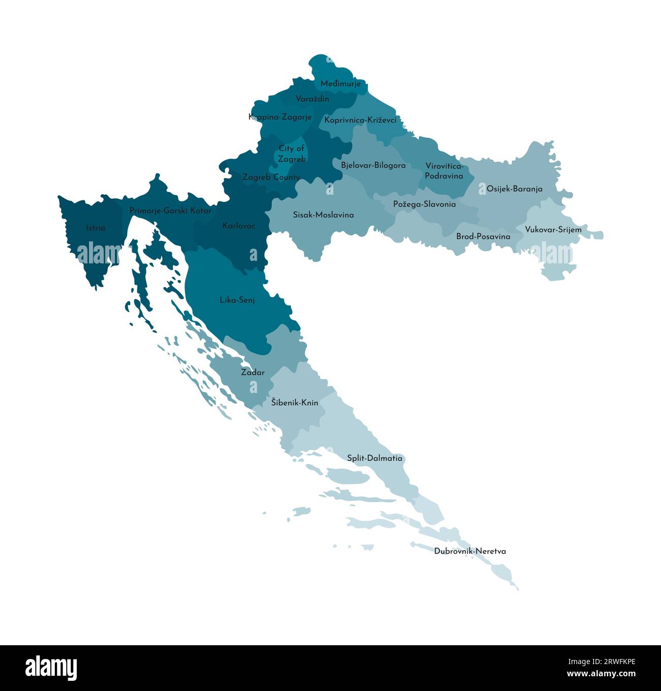 Vektor-isolierte Illustration einer vereinfachten Verwaltungskarte Kroatiens. Grenzen und Namen der Regionen. Farbenfrohe, khakifarbene Silhouetten. Stock Vektor