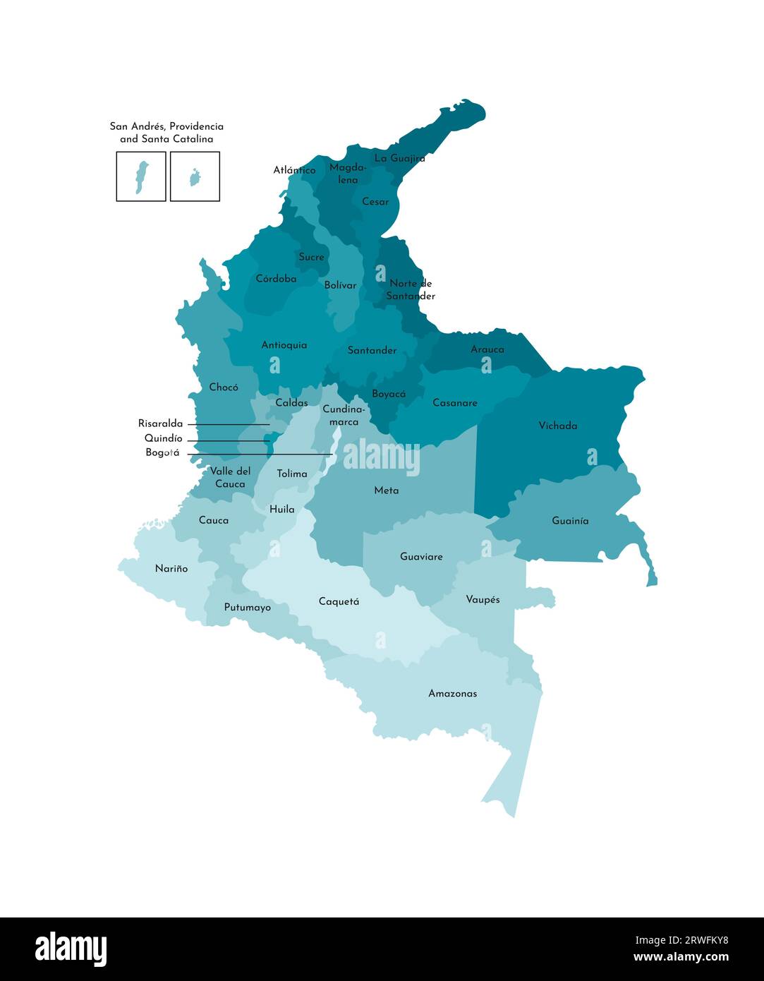 Vektor-isolierte Illustration der vereinfachten Verwaltungskarte Kolumbiens. Grenzen und Namen der Abteilungen (Regionen). Farbenfrohes Khaki-Silhoue Stock Vektor