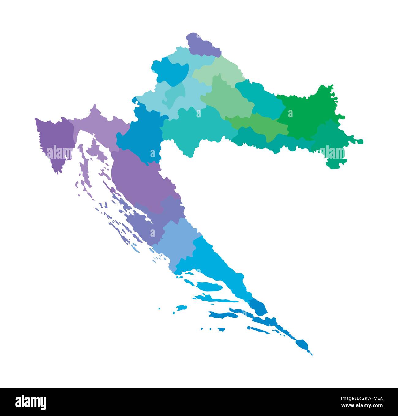 Vektor-isolierte Illustration einer vereinfachten Verwaltungskarte Kroatiens. Grenzen der Regionen. Mehrfarbige Silhouetten. Stock Vektor