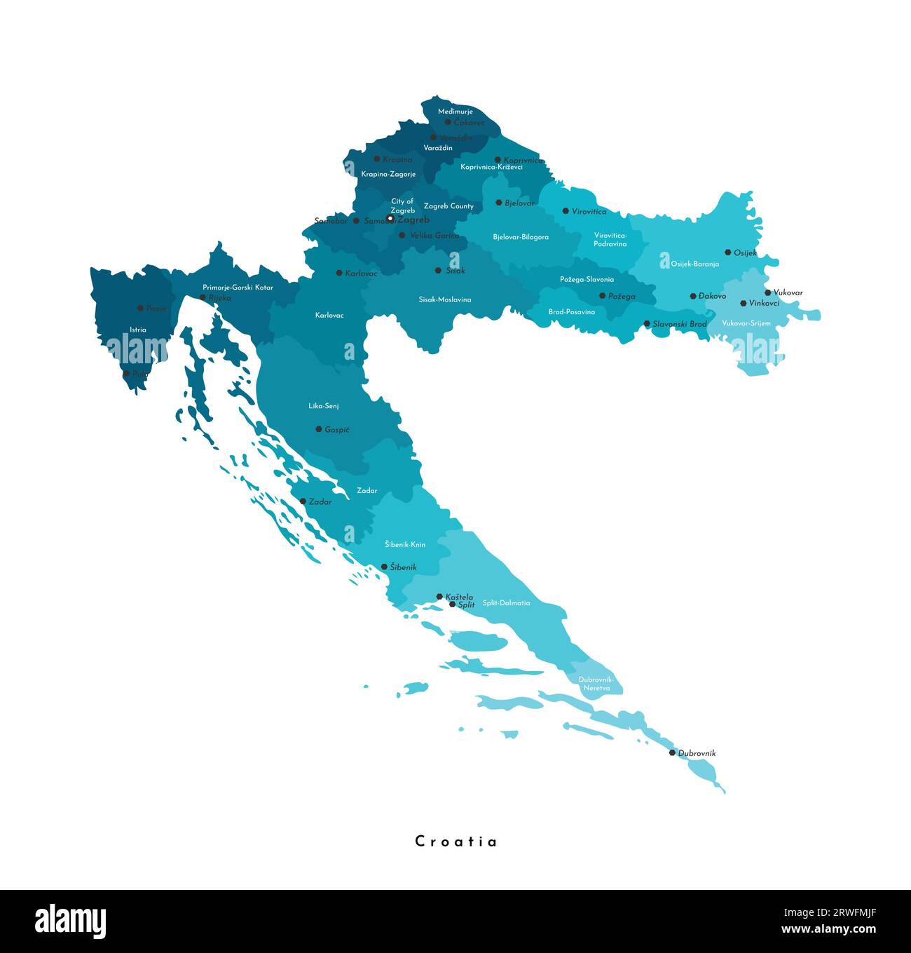Vector moderne isolierte Illustration. Vereinfachte Verwaltungskarte Kroatiens in blauen Farben. Weißer Hintergrund. Namen kroatischer Städte und Grafschaften Stock Vektor
