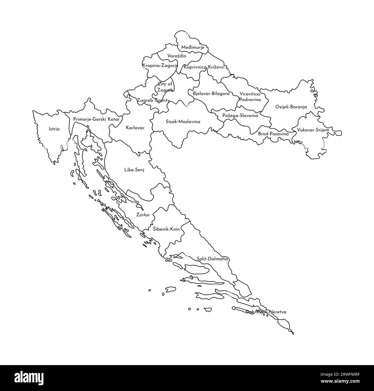 Vektor-isolierte Illustration einer vereinfachten Verwaltungskarte Kroatiens. Grenzen und Namen der Regionen. Silhouetten mit schwarzen Linien. Stock Vektor