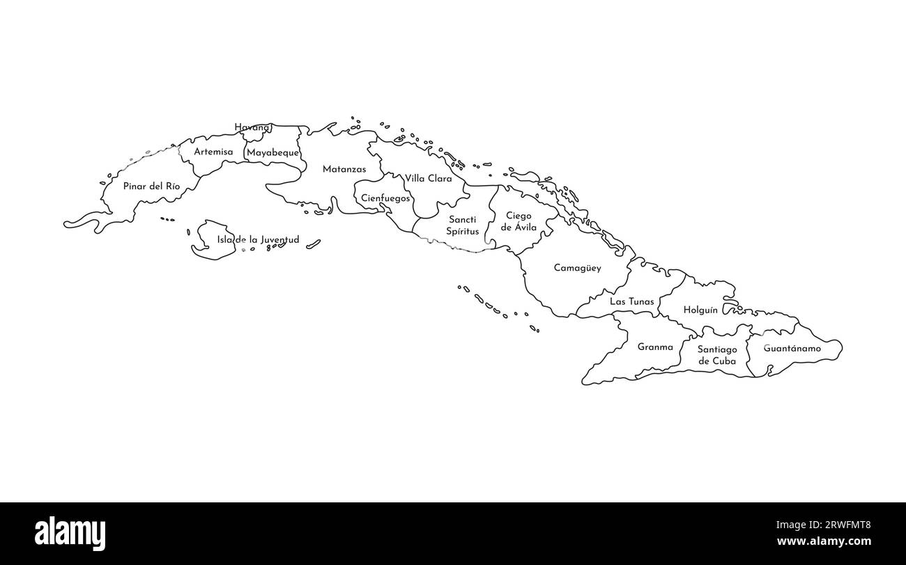 Vektorisolierte Darstellung einer vereinfachten Verwaltungskarte Kubas. Grenzen und Namen der Provinzen (Regionen). Silhouetten mit schwarzen Linien. Stock Vektor
