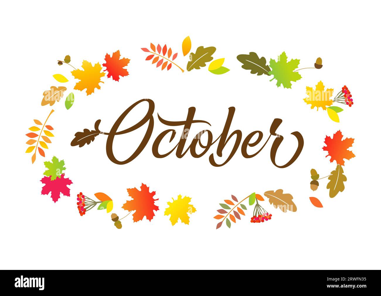 Kalligraphiekarte Oktober. Herbsthintergrund mit farbigen Blättern und Kalligraphie. Vektorvorlage für das Design von Herbstbannern Stock Vektor