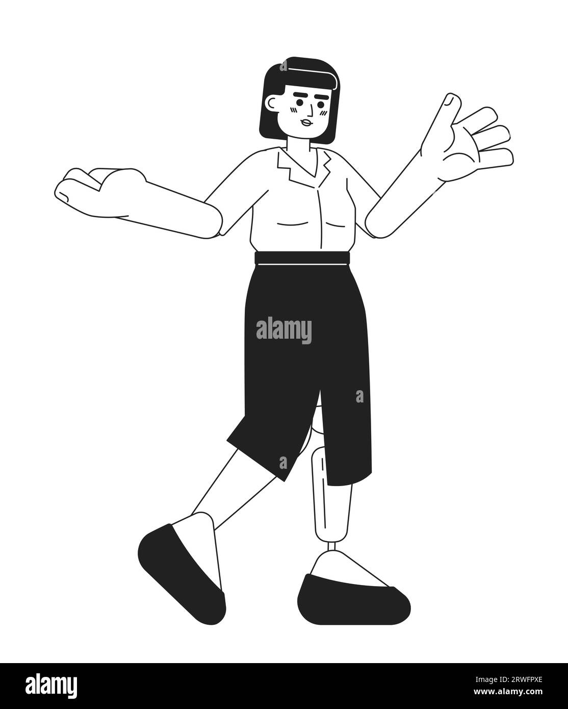Asiatische junge Frau mit Beinprothetik, die schwarz-weiße 2D-Zeichentrickfigur trägt Stock Vektor