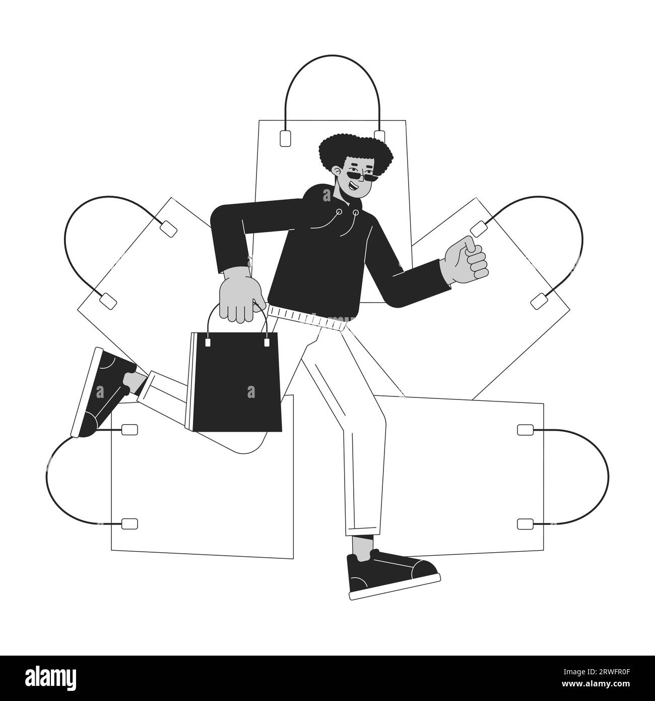 Cyber monday Holiday Shopper schwarz-weiße 2D-Zeichentrickfigur Stock Vektor