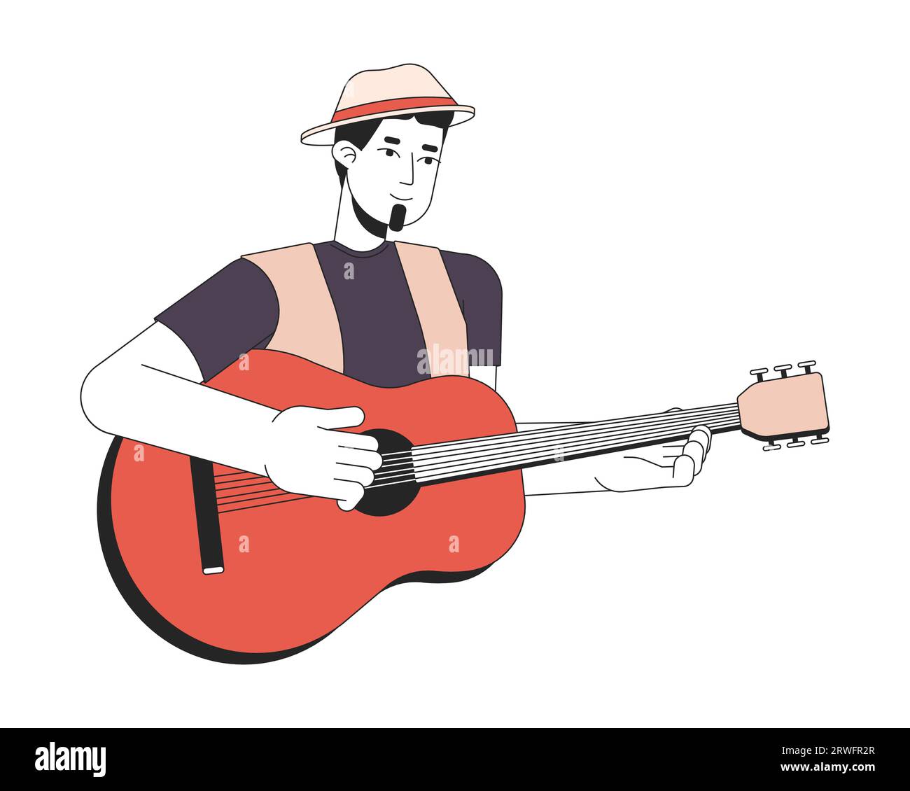 Musiker, der Akustikgitarre spielt, 2D-lineare Zeichentrickfigur Stock Vektor