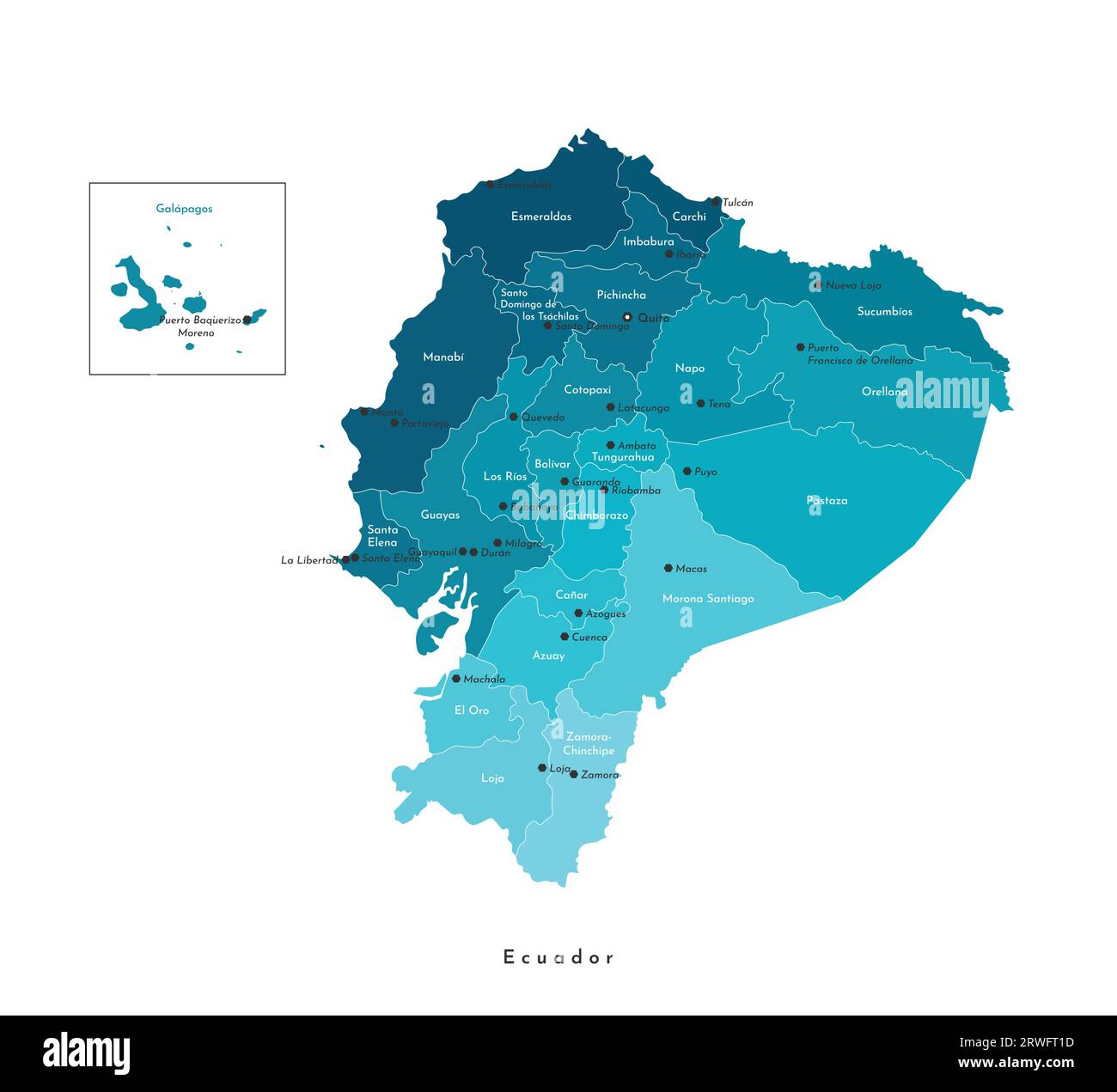 Vektor-isolierte Abbildung. Vereinfachte Verwaltungskarte Ecuadors in blauen Farben. Weißer Hintergrund und Umrisse. Namen ecuadorianischer Großstädte a Stock Vektor