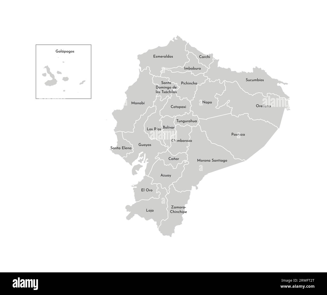 Vektorisolierte Darstellung einer vereinfachten Verwaltungskarte Ecuadors. Grenzen und Namen der Provinzen (Regionen). Graue Silhouetten. Weißer Outlin Stock Vektor