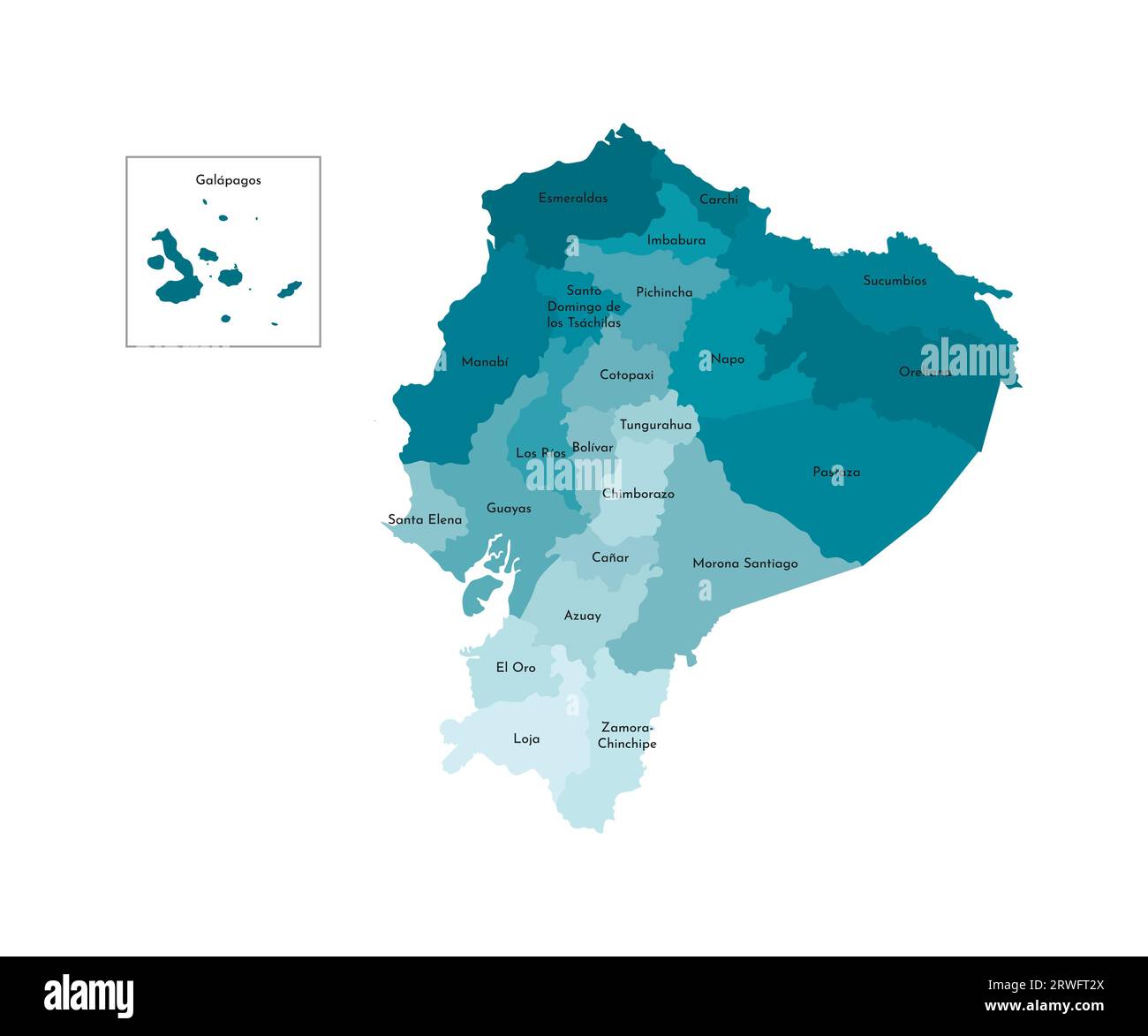 Vektorisolierte Darstellung einer vereinfachten Verwaltungskarte Ecuadors. Grenzen und Namen der Provinzen (Regionen). Farbenfrohe blaue Khaki-Silhouette Stock Vektor