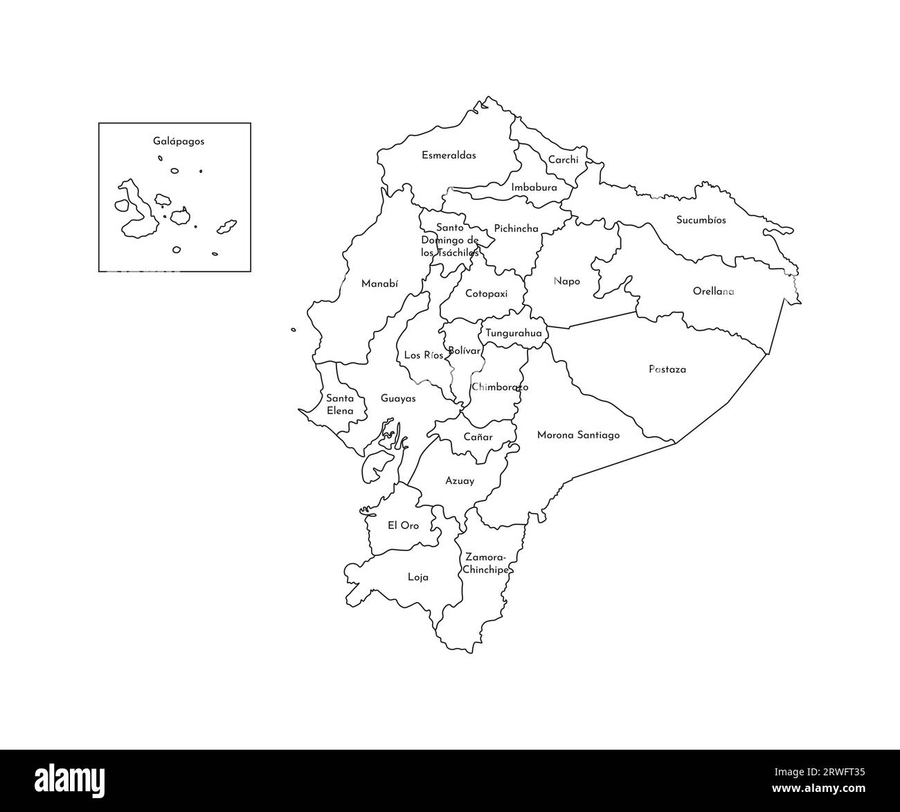Vektorisolierte Darstellung einer vereinfachten Verwaltungskarte Ecuadors. Grenzen und Namen der Provinzen (Regionen). Silhouetten mit schwarzen Linien. Stock Vektor