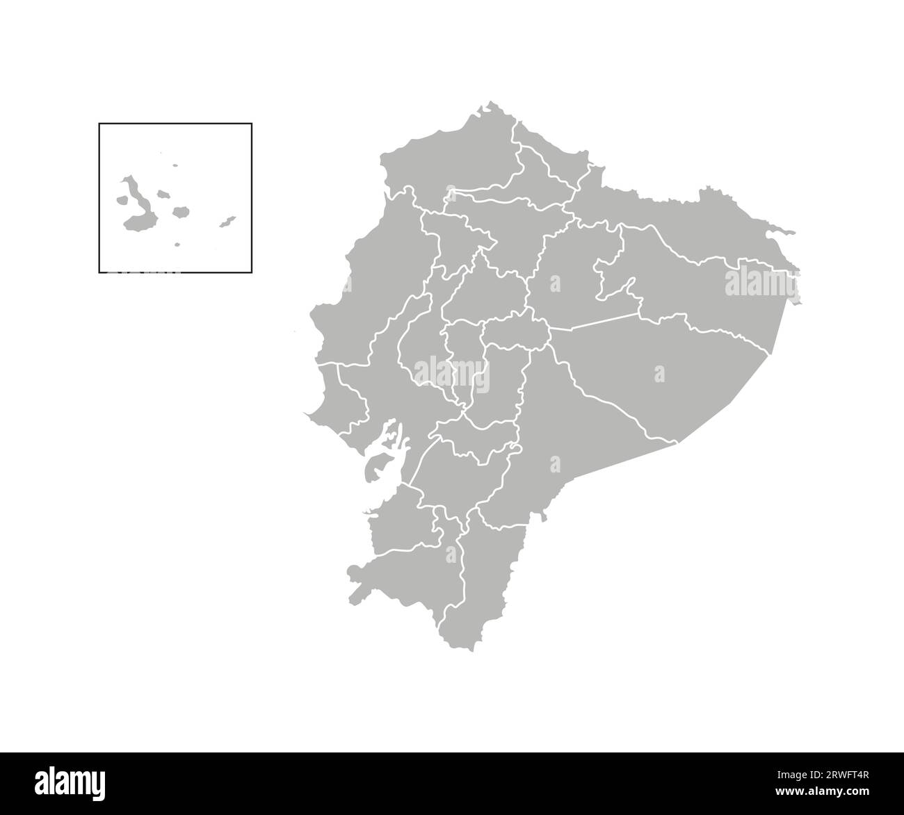Vektorisolierte Darstellung einer vereinfachten Verwaltungskarte Ecuadors. Grenzen der Provinzen (Regionen). Graue Silhouetten. Weiße Umrandung. Stock Vektor