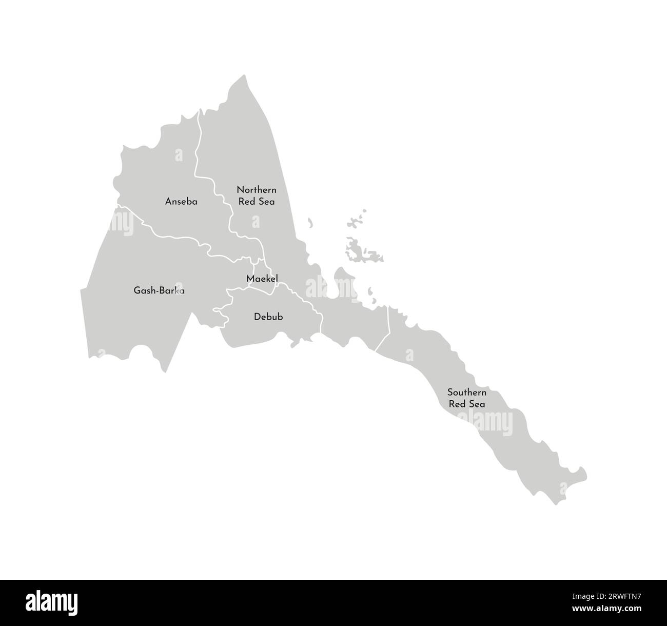Vektorisolierte Darstellung der vereinfachten Verwaltungskarte Eritreas. Grenzen und Namen der Regionen. Graue Silhouetten. Weiße Umrandung. Stock Vektor