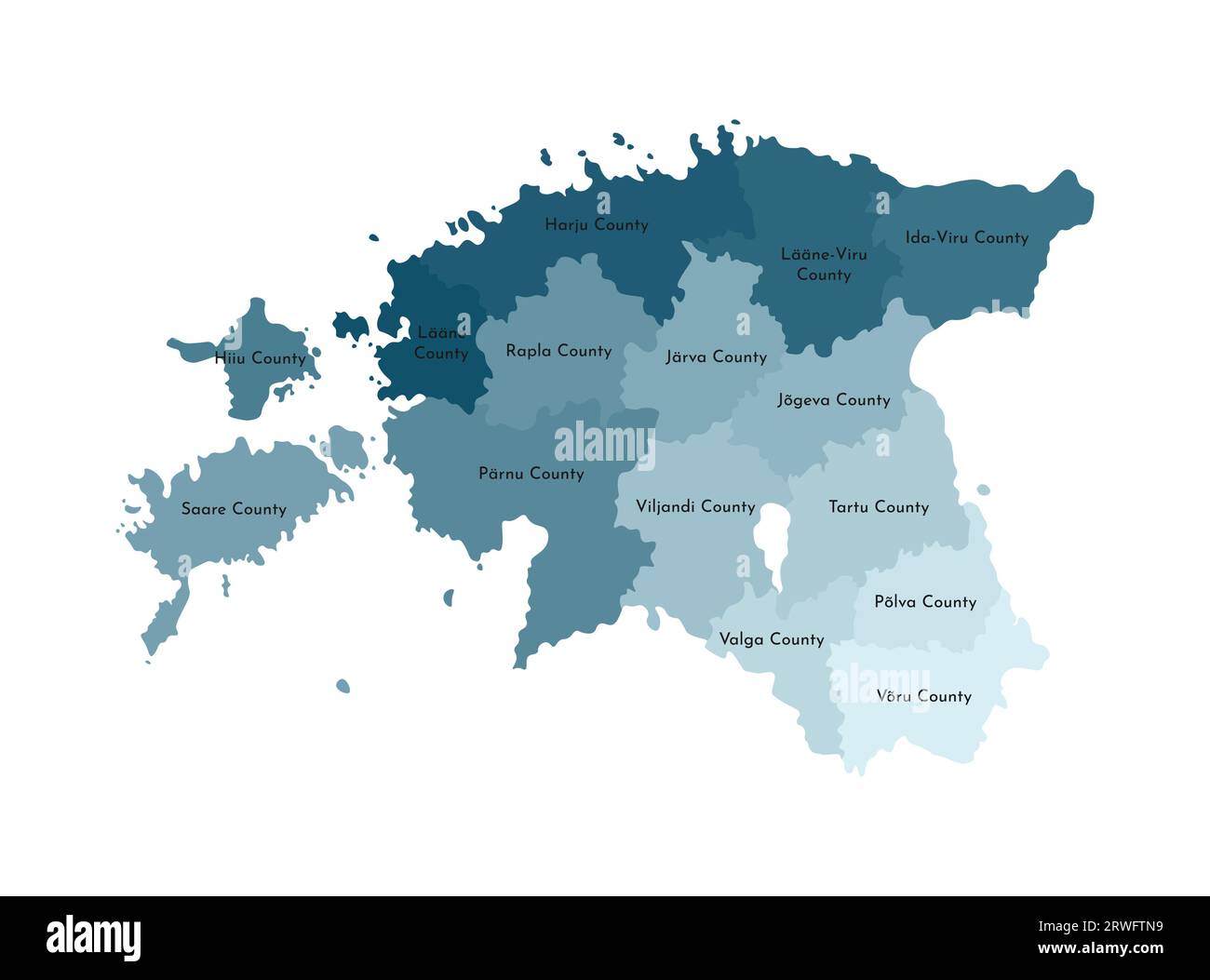 Vektorisolierte Darstellung einer vereinfachten Verwaltungskarte Estlands. Grenzen und Namen der Regionen. Farbenfrohe, khakifarbene Silhouetten. Stock Vektor