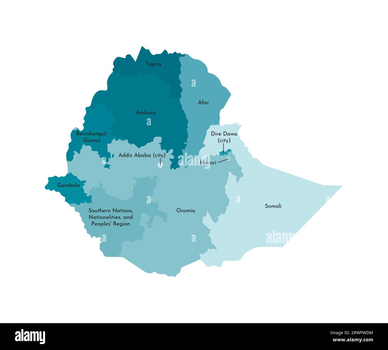 Vektorisolierte Darstellung einer vereinfachten Verwaltungskarte Äthiopiens. Grenzen und Namen der Regionen. Farbenfrohe, khakifarbene Silhouetten Stock Vektor