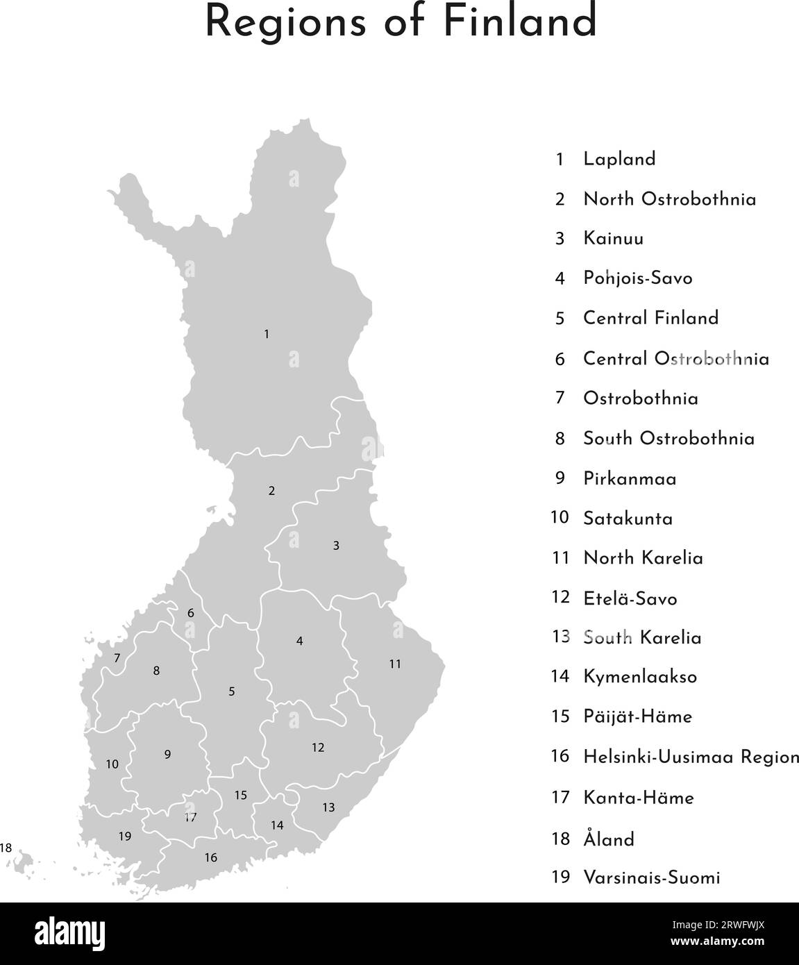 Vektorisolierte vereinfachte Karte der finnischen Regionen. Grenzen und Namen der Verwaltungsabteilungen. Graue Silhouette, weißer Umriss und Hintergrund Stock Vektor
