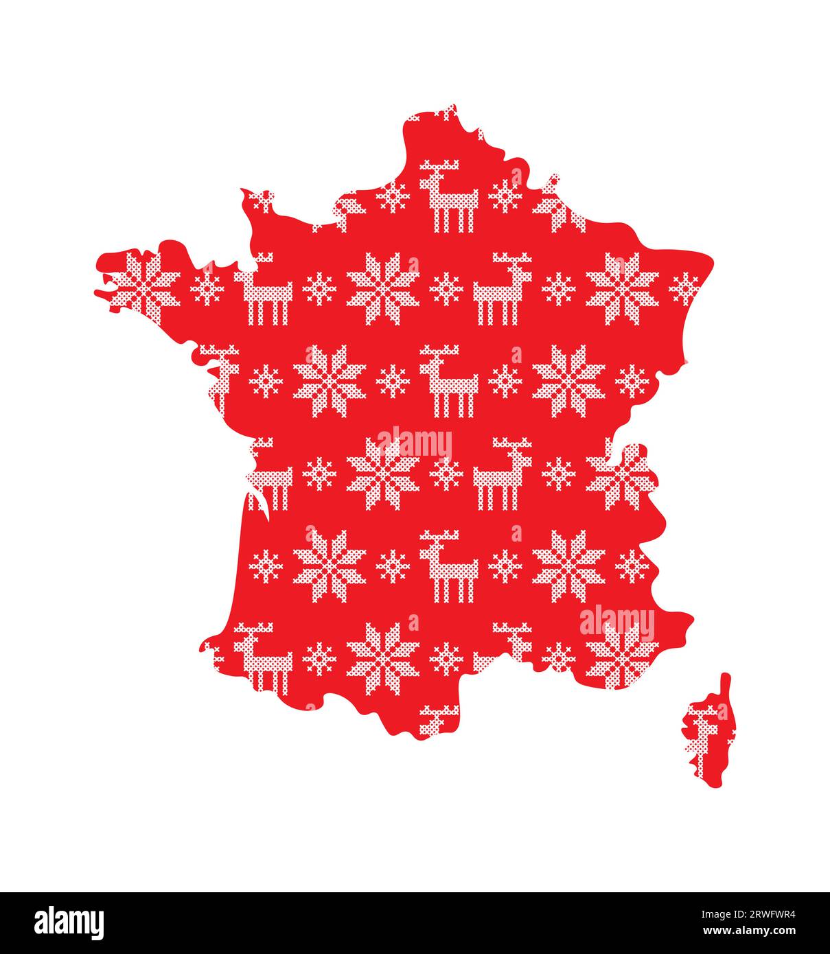 Vector isolierte Illustration für Neujahr und Weihnachten. Vereinfachte Karte für Frankreich. Rote Muster verziert mit weißen Schneeflocken mit Kreuzstich und rein Stock Vektor