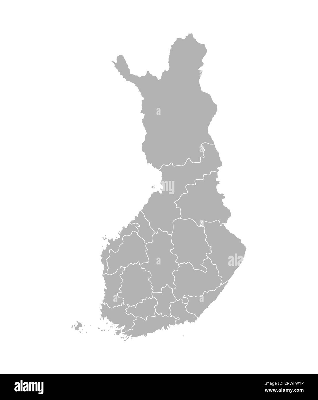 Vektorisolierte vereinfachte Karte der finnischen Regionen. Grenzen der Verwaltungsabteilungen. Graue Silhouette, weißer Umriss und Hintergrund Stock Vektor