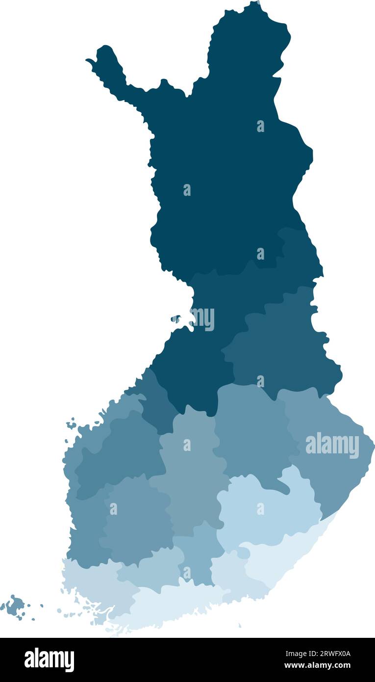 Vektorisolierte vereinfachte Karte der finnischen Regionen. Grenzen der Verwaltungsabteilungen. Blaue khakifarbene Silhouette, weißer Hintergrund Stock Vektor