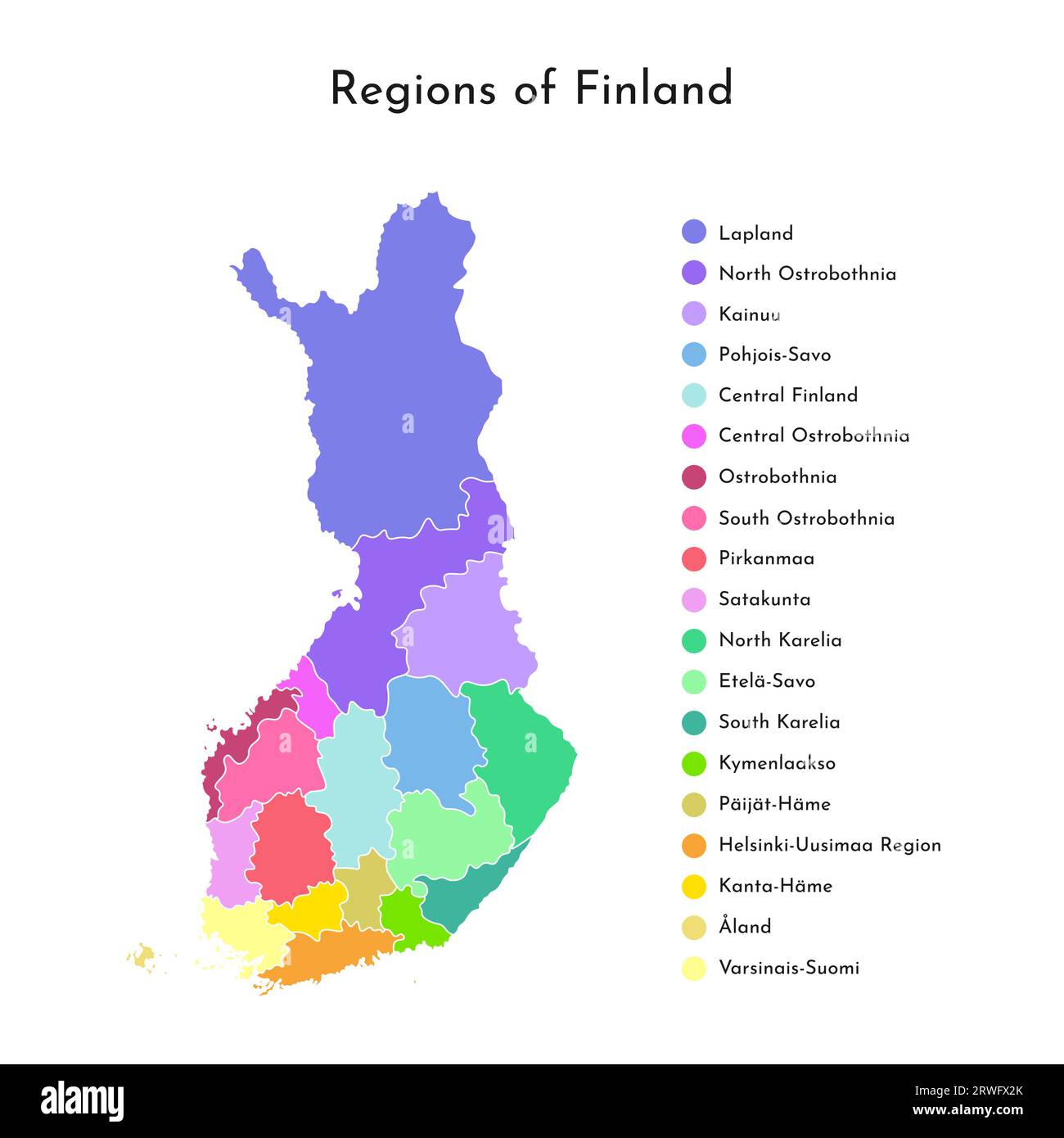 Bunte Vektor-isolierte vereinfachte Karte der finnischen Regionen. Grenzen und Namen der Verwaltungsabteilungen. Weißer Hintergrund Stock Vektor