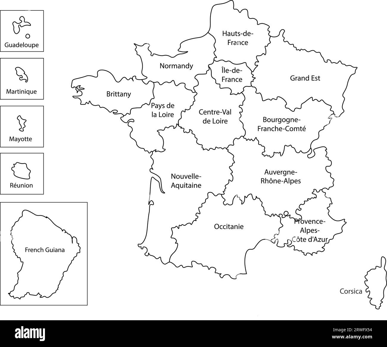 Vektor-isolierte Illustration der vereinfachten Verwaltungskarte Frankreichs. Grenzen und Namen der Regionen. Silhouetten mit schwarzen Linien Stock Vektor