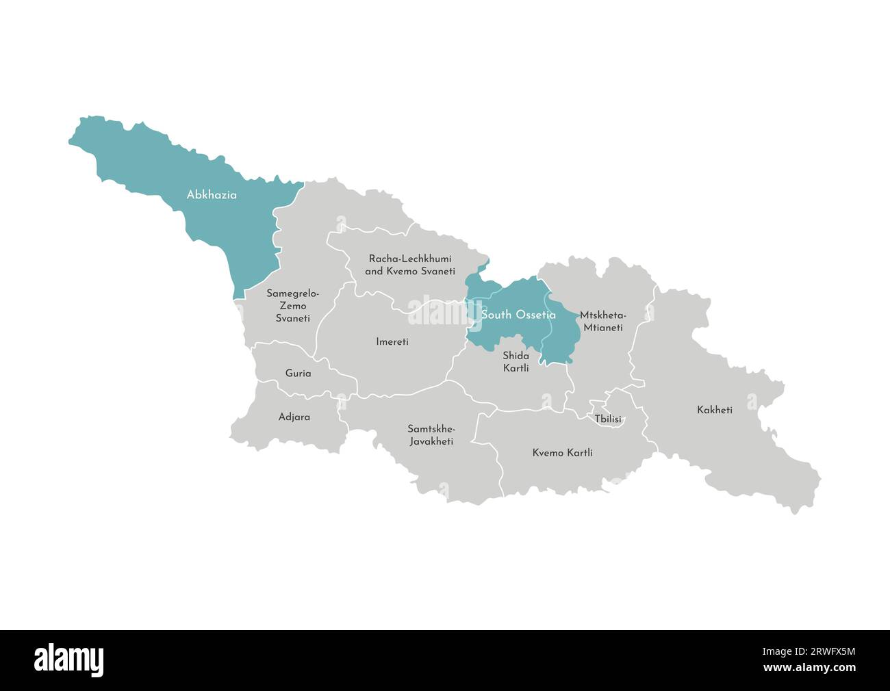 Vektor-isolierte Illustration der vereinfachten Verwaltungskarte von Georgien (Land) mit blauer Form der Gebiete Abchasien und Südossetien. Grenzen Stock Vektor
