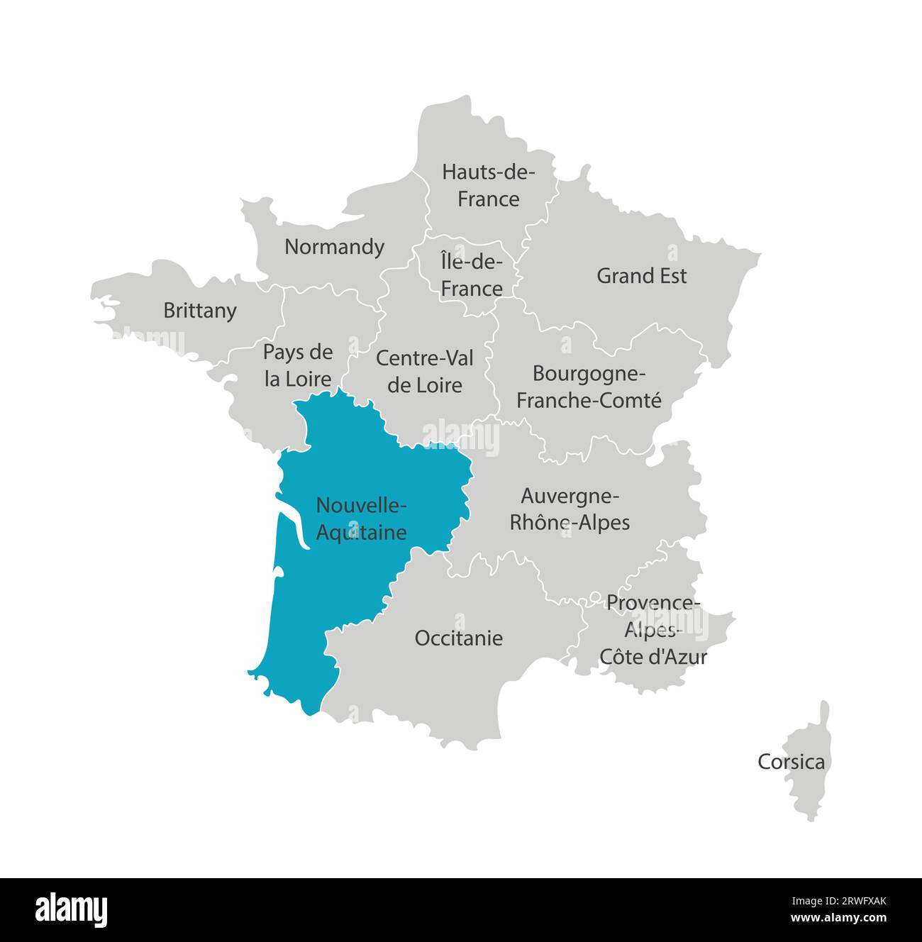 Vektor-isolierte Illustration der vereinfachten Verwaltungskarte Frankreichs. Blaue Form von Nouvelle-Aquitaine. Grenzen der Provinzen (Regionen). Grau si Stock Vektor