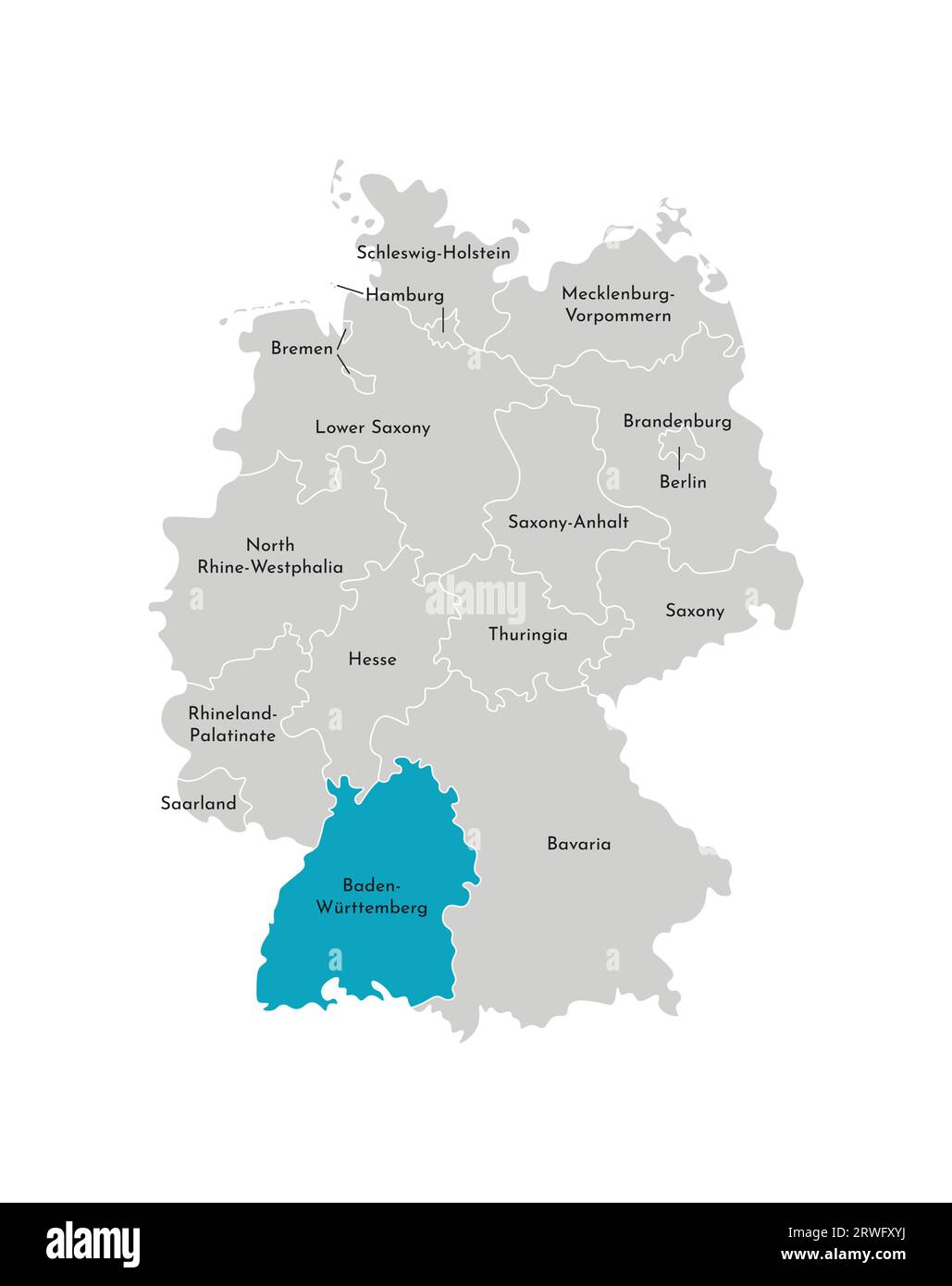 Vektorisolierte Darstellung einer vereinfachten Verwaltungskarte Deutschlands. Blaue Silhouette Baden-Württembergs. Graue Silhouetten. Weißer Outlin Stock Vektor