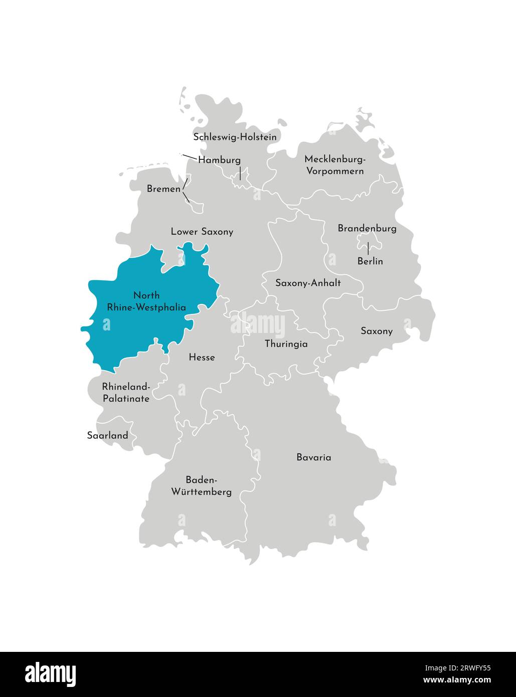 Vektorisolierte Darstellung einer vereinfachten Verwaltungskarte Deutschlands. Blaue Silhouette Nordrhein-Westfalens. Graue Silhouetten. Weiß o Stock Vektor