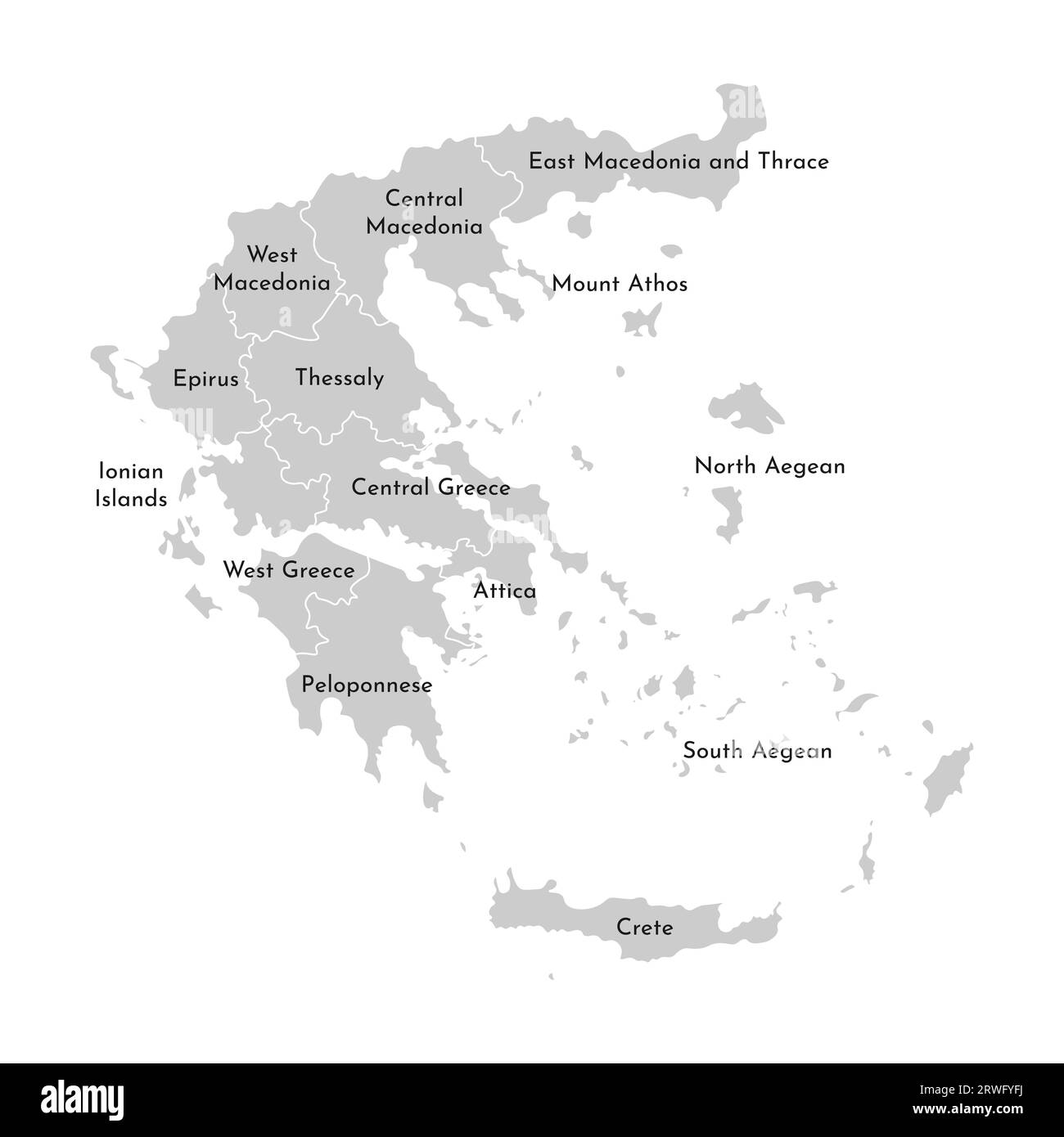 Vektorisolierte Darstellung der vereinfachten Verwaltungskarte Griechenlands. Grenzen und Namen der Provinzen (Regionen). Graue Silhouetten. Weiße Umrandung Stock Vektor