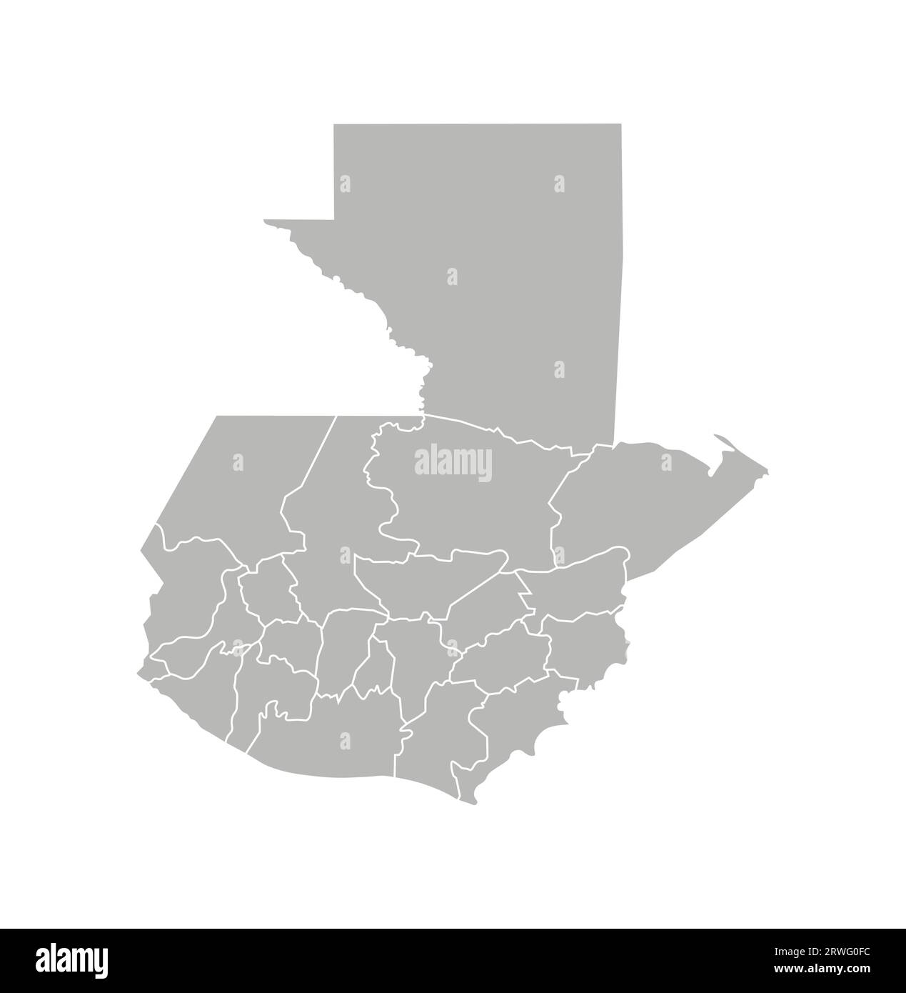 Vektorisolierte Darstellung einer vereinfachten Verwaltungskarte Guatemalas. Grenzen der Departements (Regionen). Graue Silhouetten. Weiße Umrandung. Stock Vektor