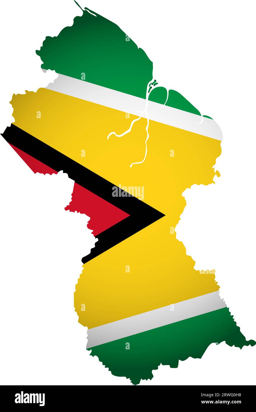Abbildung mit guyanischer Nationalflagge mit vereinfachter Form der Guyana-Karte (jpg). Volume Shadow auf der Karte Stock Vektor