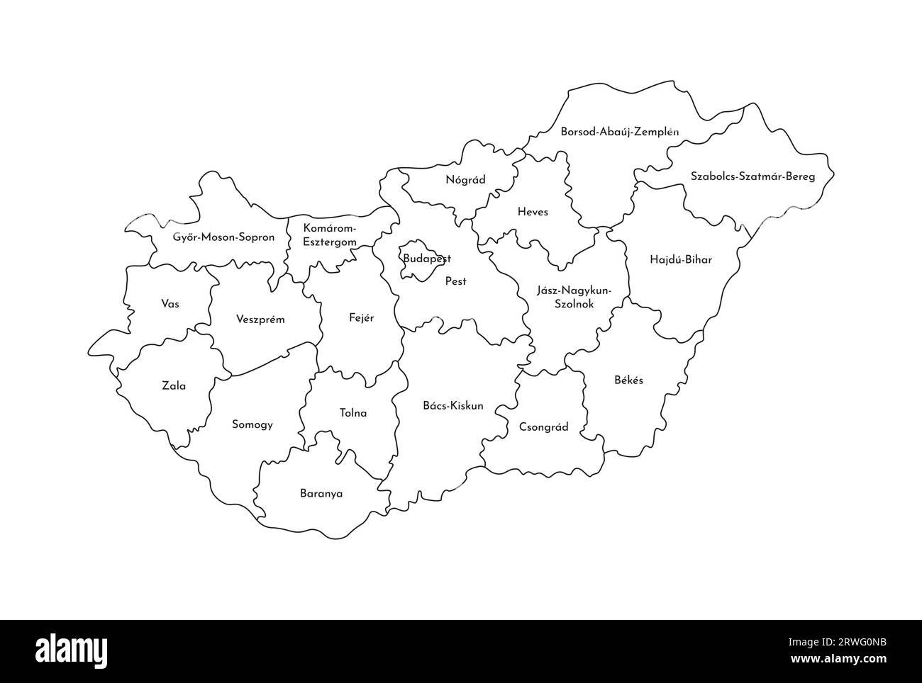 Vektorisolierte Darstellung einer vereinfachten Verwaltungskarte Ungarns. Grenzen und Namen der Regionen. Silhouetten mit schwarzen Linien. Stock Vektor