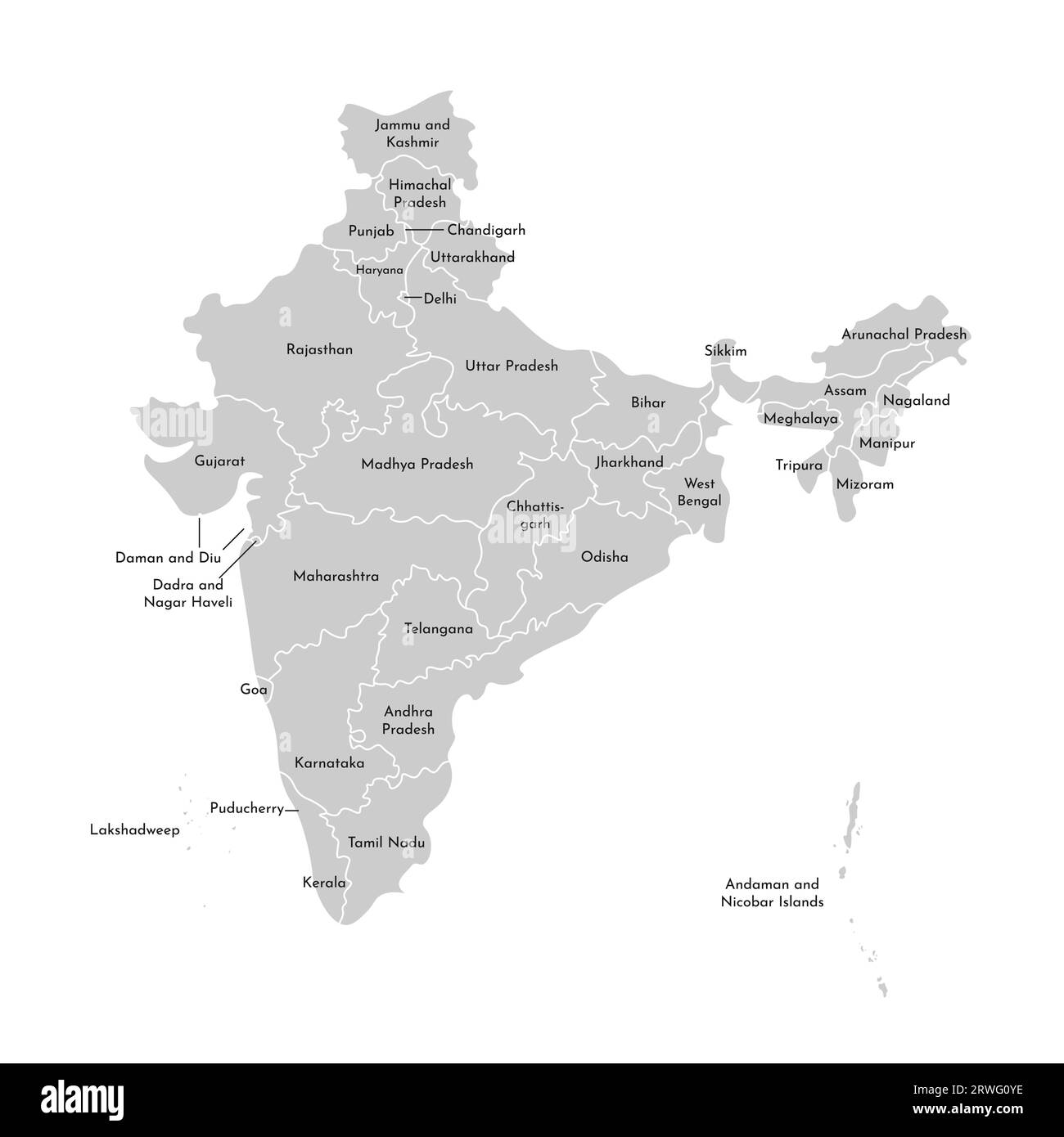 Vektor-isolierte Illustration einer vereinfachten Verwaltungskarte Indiens. Grenzen und Namen der staaten (Regionen). Graue Silhouetten. Weiße Umrandung. Stock Vektor